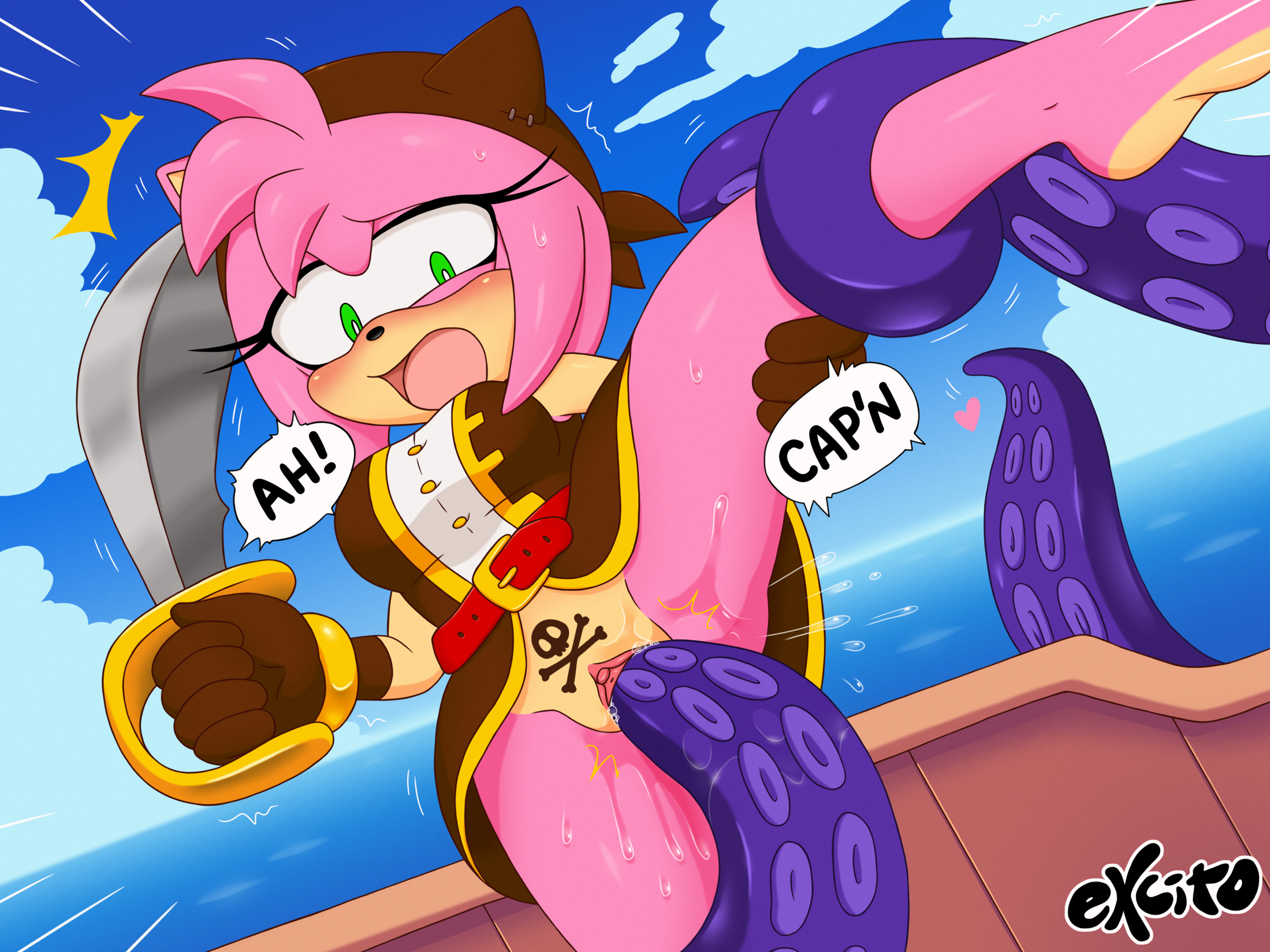 1girls, 2025, amy rose, black rose (sonic prime), excito, female, female focus, mobian, mobian (species), mobian hedgehog, pirate, pirate girl, pirate hat, pirate ship, pubic tattoo, pussy, sea, skull and crossbones, solo focus, sonic (series), sonic prime, sonic the hedgehog (series), speech bubble, tentacle, tentacle sex, vaginal penetration