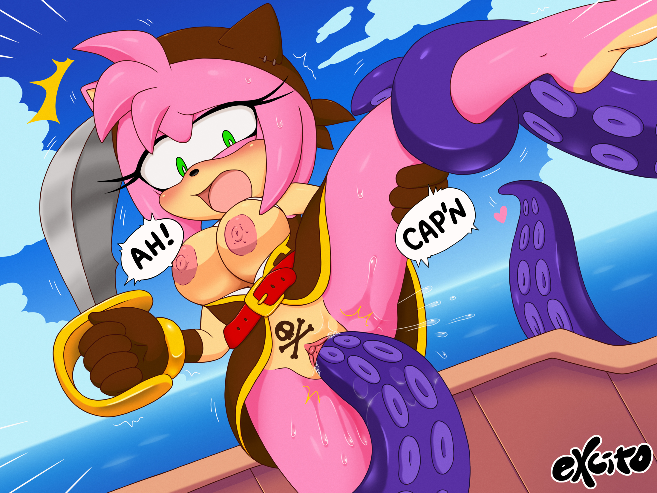 2025, amy rose, black rose (sonic prime), breasts, breasts out, color, excito, pirate, pirate ship, pussy, sea, sonic (series), sonic prime, sonic the hedgehog (series), speech bubble, tentacle, tentacle sex, vaginal penetration