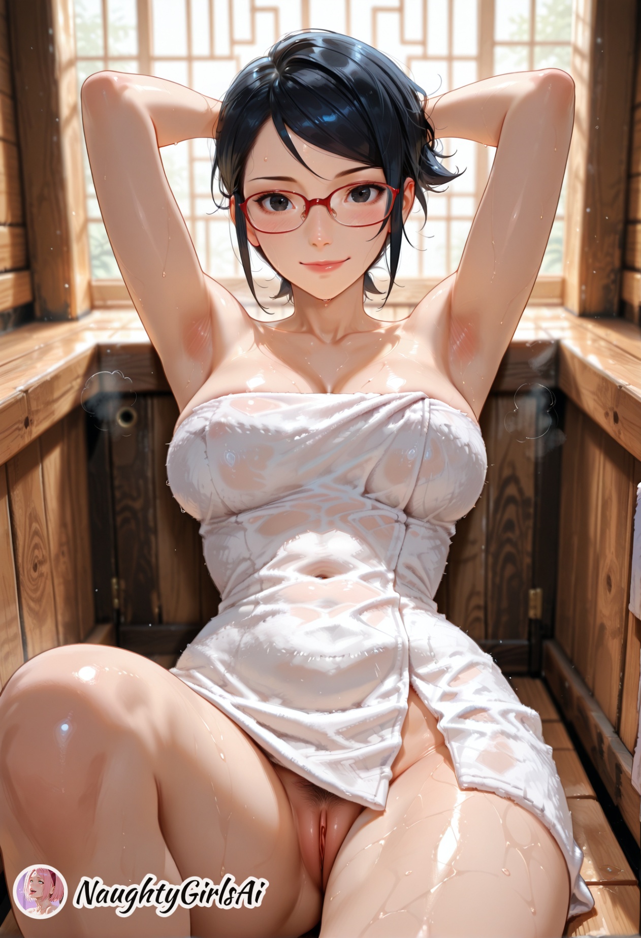 ai generated, bath, black eyes, black hair, boruto: naruto next generations, boruto: two blue vortex, eyewear, mature female, naruto, naruto (series), naughtygirlsai, sarada uchiha, short hair, towel, towel only