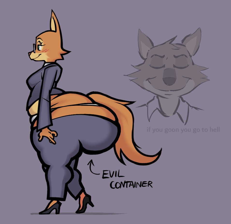 2020s, 2025, 2025s, anthro, ass, big ass, big butt, blush, blush lines, bubble ass, bubble butt, canid, canine, canis, closed eyes, clothed, clothing, diane foxington, dreamworks, dreamworks animation, evil container, female, fox, fox girl, furry, glasses, governor, high heels, high resolution, highres, hornygoatlean (artist), huge ass, huge butt, huge thighs, hyper ass, hyper butt, male, meme, mr. wolf (the bad guys), my mom is kinda homeless, nitarufatlover, nitaruskwish33, nitarustarium, shoes, side view, sideview, simple background, smiling, stupidleangoat, suit, the bad guys, thick ass, thick hips, thick thighs, thong, trying not to laugh, wolf
