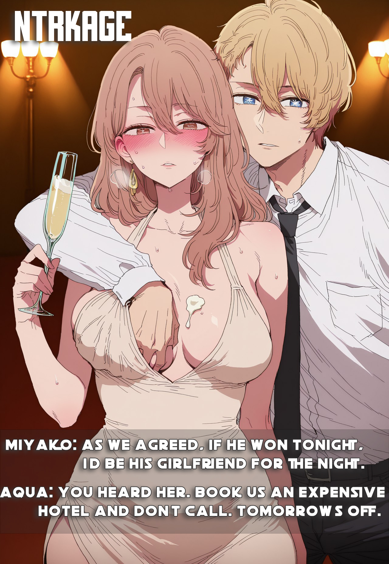 1boy, 1girls, agreed, ai generated, breast grab, breast grab under clothes, challenge, challenge failed, cheating, cheating female, cheating wife, condition, cream on breasts, cucked by own son, cuckold, curvy hips, drunk, embarrassed, english text, flustered, hand under clothes, hi res, highres, hoshino aquamarine, incest, incest (lore), looking at viewer, medium breasts, milf, mother, mother and son, ntrkage, older female, older female and younger male, oshi no ko, promise, saitou miyako, slim waist, step-incest, stepmother, stepmother and stepson, sweatdrop, talking to viewer, wide hips, younger male