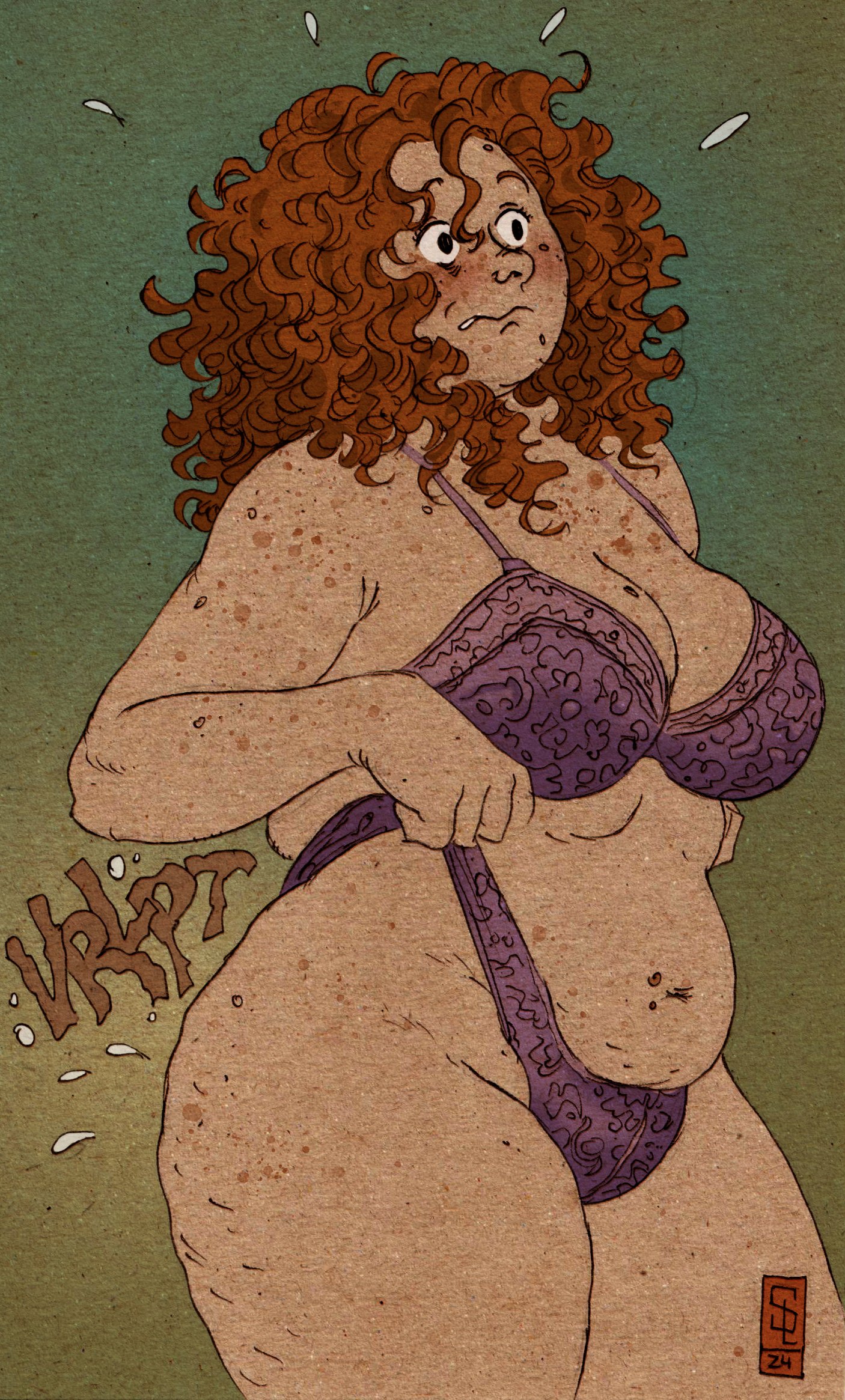 1girls, 2d, 2d (artwork), almost naked, artist logo, artist signature, ass, bbw, bbw mom, big hips, big thighs, black eyes, blush, blushing female, bra, brap, breasts, breasts bigger than head, cellulite, chubby, chubby ass, chubby belly, chubby female, clothed, clothed female, curly hair, curvaceous, curvaceous female, curvy, curvy female, elin (slartzee), embarrassed, embarrassed female, fart, fart fetish, farting, fat rolls, female, female focus, freckles, freckles on ass, freckles on breasts, freckles on butt, freckles on chest, freckles on face, freckles on shoulders, freckles on thighs, gassy, gassy female, ginger, ginger female, ginger hair, hips, hips wider than shoulders, light skin, light-skinned female, milf, mommy, older female, onamonapia, orange hair, panties, passing gas, pooting, purple bra, purple panties, pussy, pussy visible through clothes, pussy visible through panties, putting on panties, short hair, slartzee, sweat, sweating, thick, thick ass, thick hips, thick thighs, thighs, thighs bigger than head, twitter, twitter link, vagina, visible pussy, voluptuous, voluptuous female, wet fart, wide hips