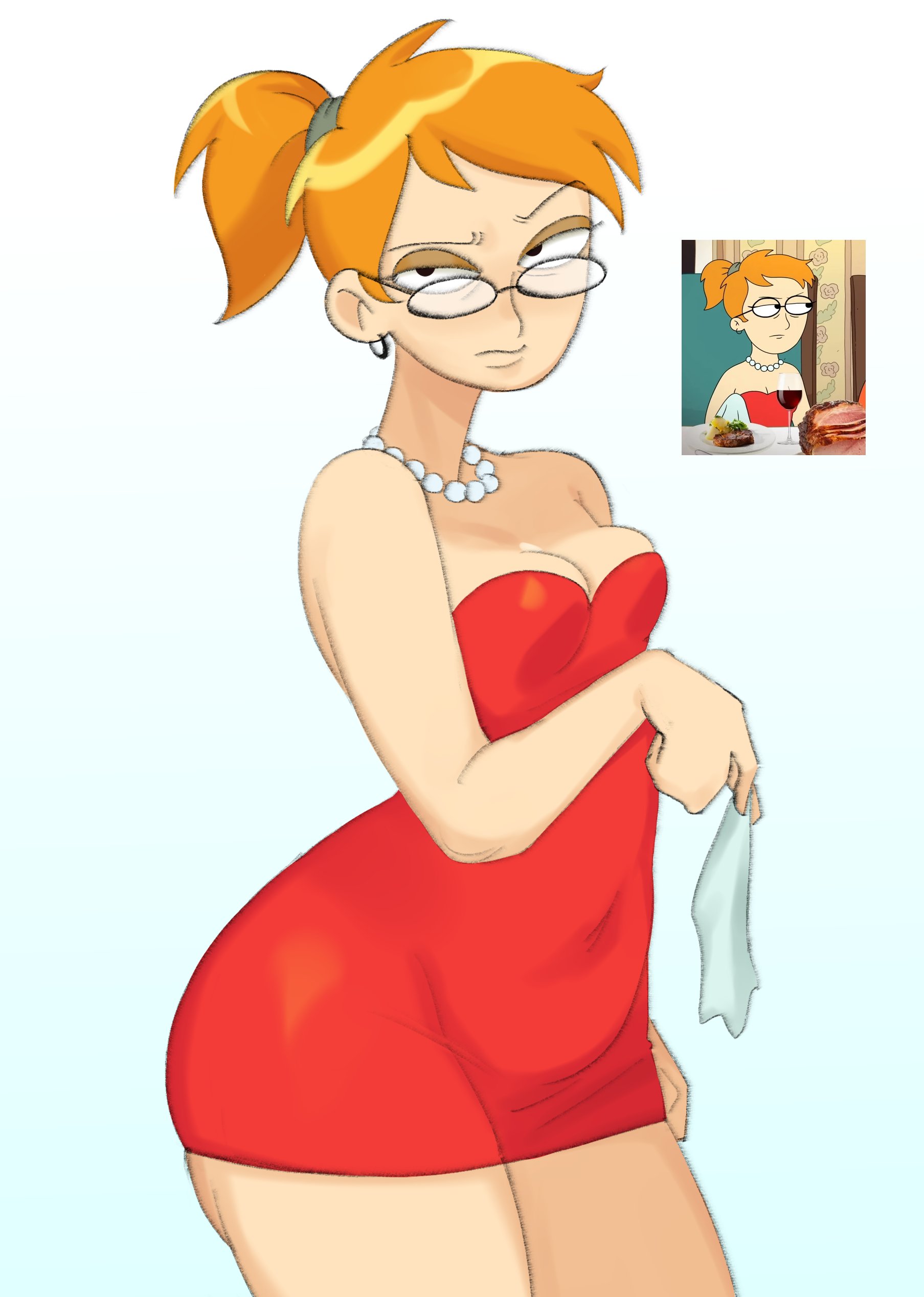 about to burst, ass too big, average breasts, barely contained, barely contained ass, barely fits, cleavage, earrings, glasses, imminent wardrobe malfunction, looking at viewer, napkin, necklace, newsigridzboonx, ponytail, red dress, red hair, reference image, smiling friends, thick ass, tight dress, tight fit, too tight, unamused, undersized clothes, undersized clothing, zoey (smiling friends)