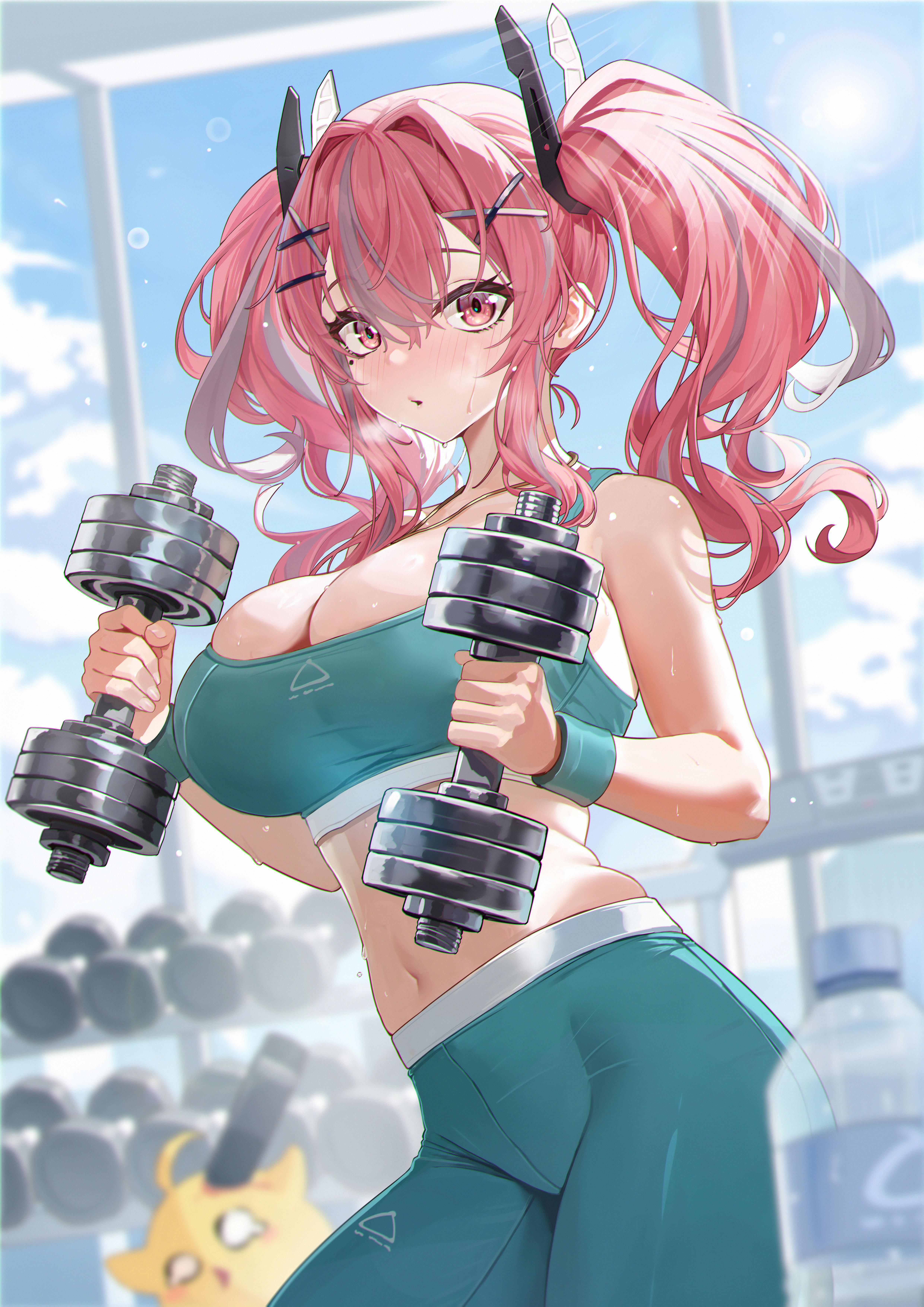 1girls, alternate costume, azur lane, bare shoulders, blue sky, blurry, blush, bottle, breasts, bremerton (azur lane), cg, chick, cleavage, cloud, cowboy shot, day, dumbbell, exercise, female, female only, green pants, grey hair, gym, hair between eyes, hair ornament, hairclip, holding, jewelry, large breasts, long hair, looking at viewer, manjuu (azur lane), midriff, multicolored hair, navel, necklace, pants, parted lips, pink eyes, pink hair, revealing clothes, sky, solo, sports bra, stomach, streaked hair, sweat, tight clothing, twintails, two-tone hair, water bottle, weightlifting, wristband, x hair ornament, yoga pants