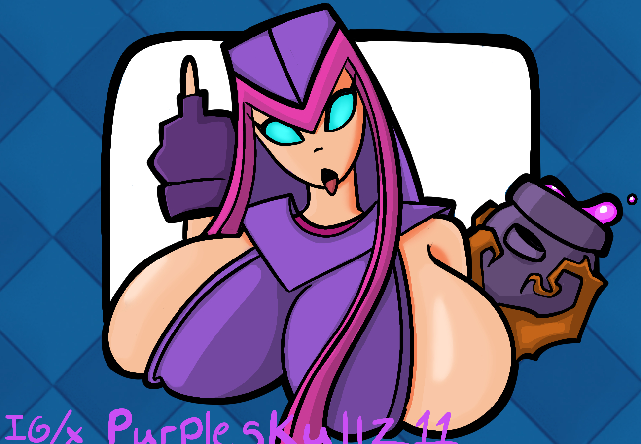 2d, 2d (artwork), big breasts, blue eyes, breasts, breasts bigger than head, breasts out, clash (series), clash royale, clothed, clothed female, clothing, emote (clash royale), flipping off, flipping viewer off, gilf, huge breasts, mother witch (clash royale), revealing, revealing clothes, supercell