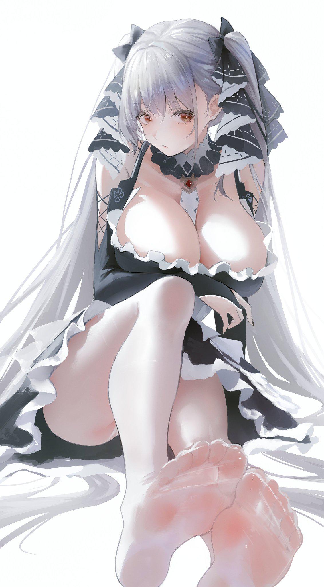 azur lane, bare shoulders, between breasts, black dress, black nails, blush, breasts, bridal gauntlets, cg, cleavage, dress, feet, feet visible through clothing, female, foot focus, foreshortening, formidable (azur lane), frilled dress, frills, grey hair, hair ribbon, jewelry, large breasts, long hair, long sleeves, looking at viewer, necktie between breasts, no shoes, panties, pantyhose, red eyes, see-through, see-through legwear, simple background, sitting, soles, solo, toes, twintails, two-tone dress, two-tone ribbon, underwear, very long hair, white background, white pantyhose