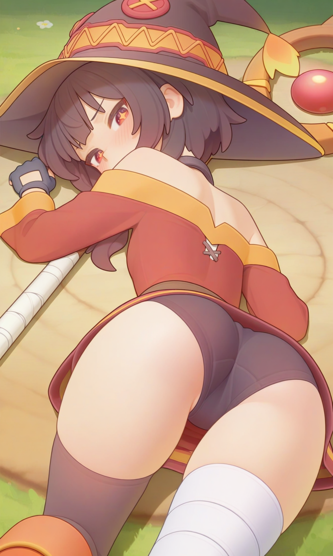 ai generated, bandage, black panties, brown hair, clothed female, clothing, lying, lying on stomach, magician hat, megumin, outdoors, panties