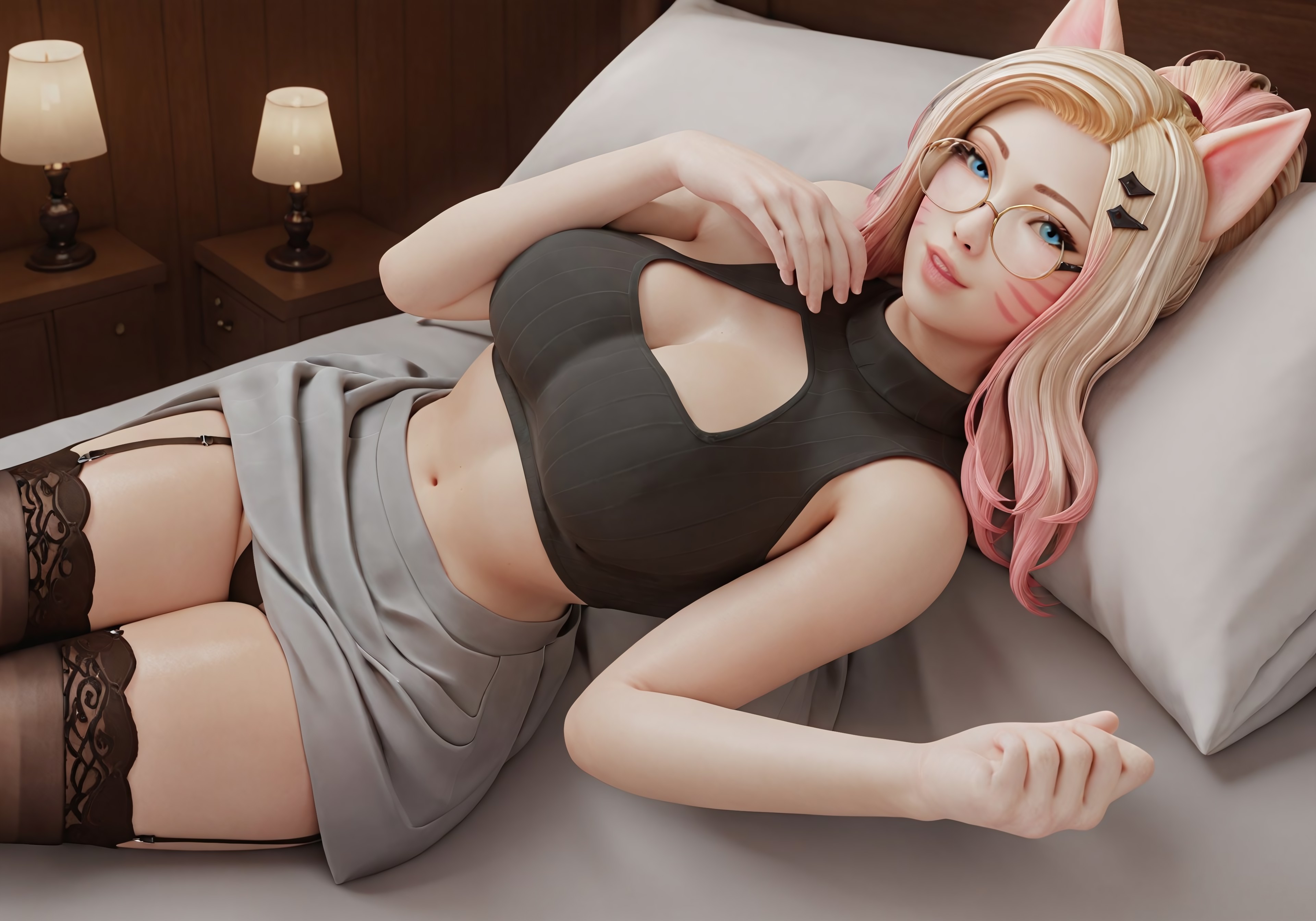 6 fingers, ahri, ai generated, ai hands, animal ears, bare arms, bare midriff, blonde hair, blue eyes, cleavage, cleavage cutout, fox ears, fox girl, garter straps, jpeg, k/da ahri, k/da series, kumiho, league of legends, navel, panties, pink hair, riot games, skirt, sleeveless, sleeveless shirt, source request, thighhighs, two-tone hair