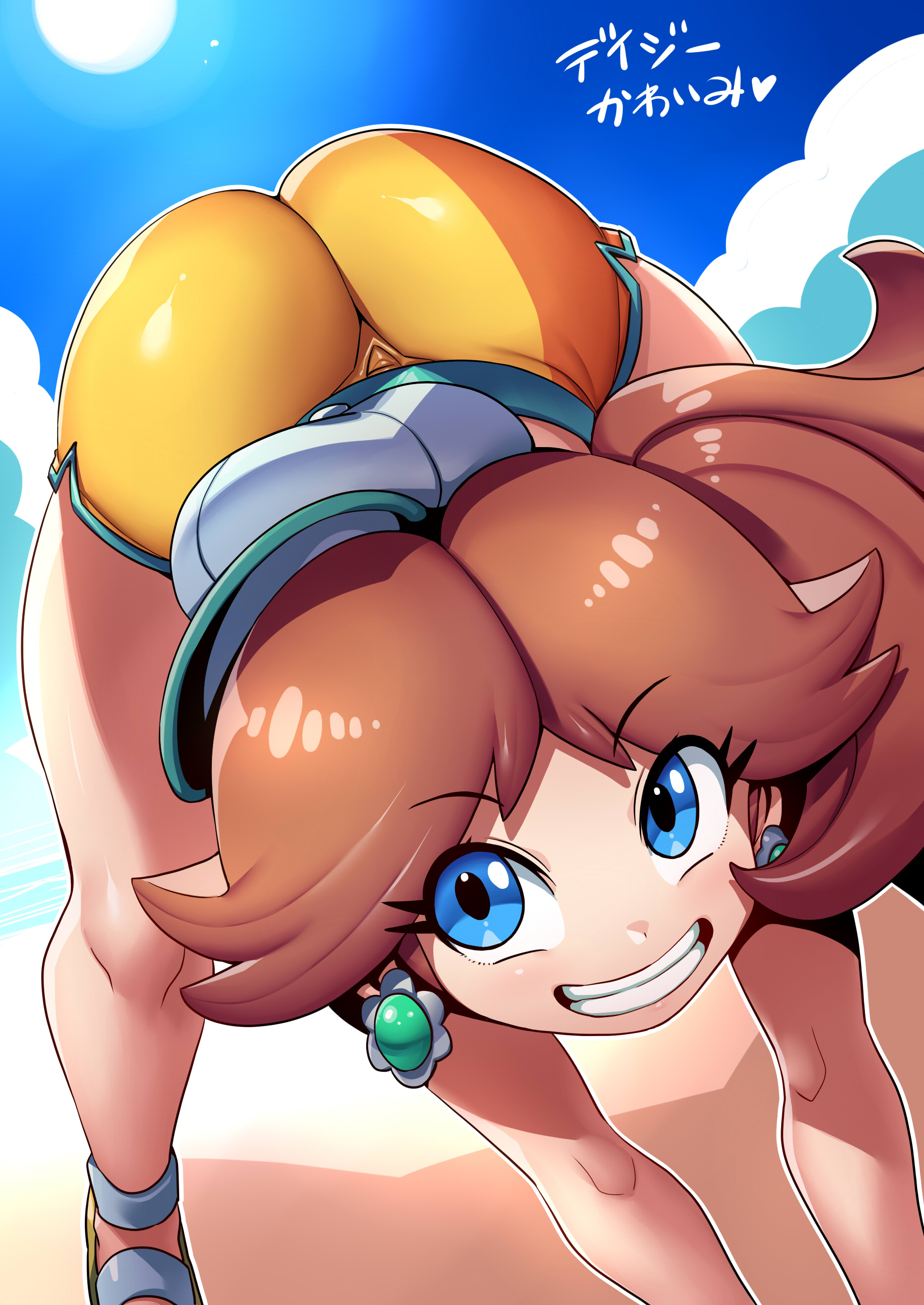 1girls, absurd res, absurd resolution, absurdres, aqua trim, ass, ass focus, ass up, baseball cap, beach, bent over, big ass, big butt, bikini, bikini shorts, blue eyes, brown hair, bubble butt, butt crack, cloud, commentary request, curvaceous, curvy, curvy female, curvy figure, cute, day, daytime, dutch angle, earrings, face down ass up, fat ass, female, female focus, female only, flower earrings, hat, hi res, high resolution, highres, huge ass, jewelry, large ass, light skin, light-skinned female, looking at viewer, mario (series), mario kart, mario kart world, medium hair, nintendo, official alternate costume, princess daisy, princess daisy (swimwear), sandals, short shorts, shorts, side ponytail, smile, smiling, solo, solo female, solo focus, sun, swimsuit, swimwear, tagme, thick thighs, thighs, top-down bottom-up, translation request, tsuki wani, tsukiwani, tukiwani, voluptuous, voluptuous female, yellow shorts