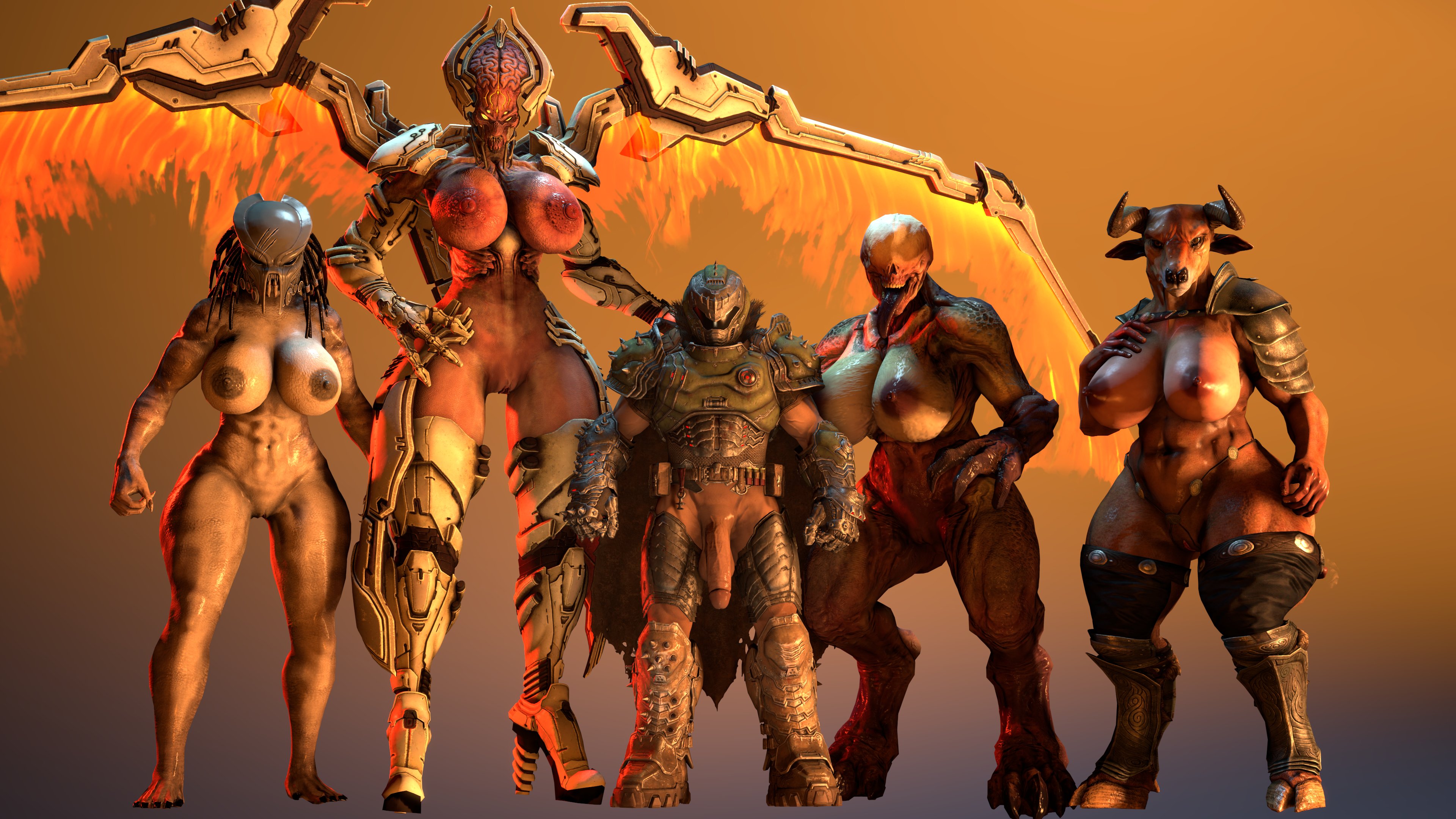 3d, 4girls, alien, alien girl, alphawolf77, barefoot, breasts, demon, demon girl, doom, doom slayer (doom), doomguy, feet, female, female yautja, giantess, hell knight (doom), human male, interspecies, khan maykr, lineup, masculine, minotaur, minotaur female, monster, monster girl, penis, predator (franchise), pussy, size difference, yautja