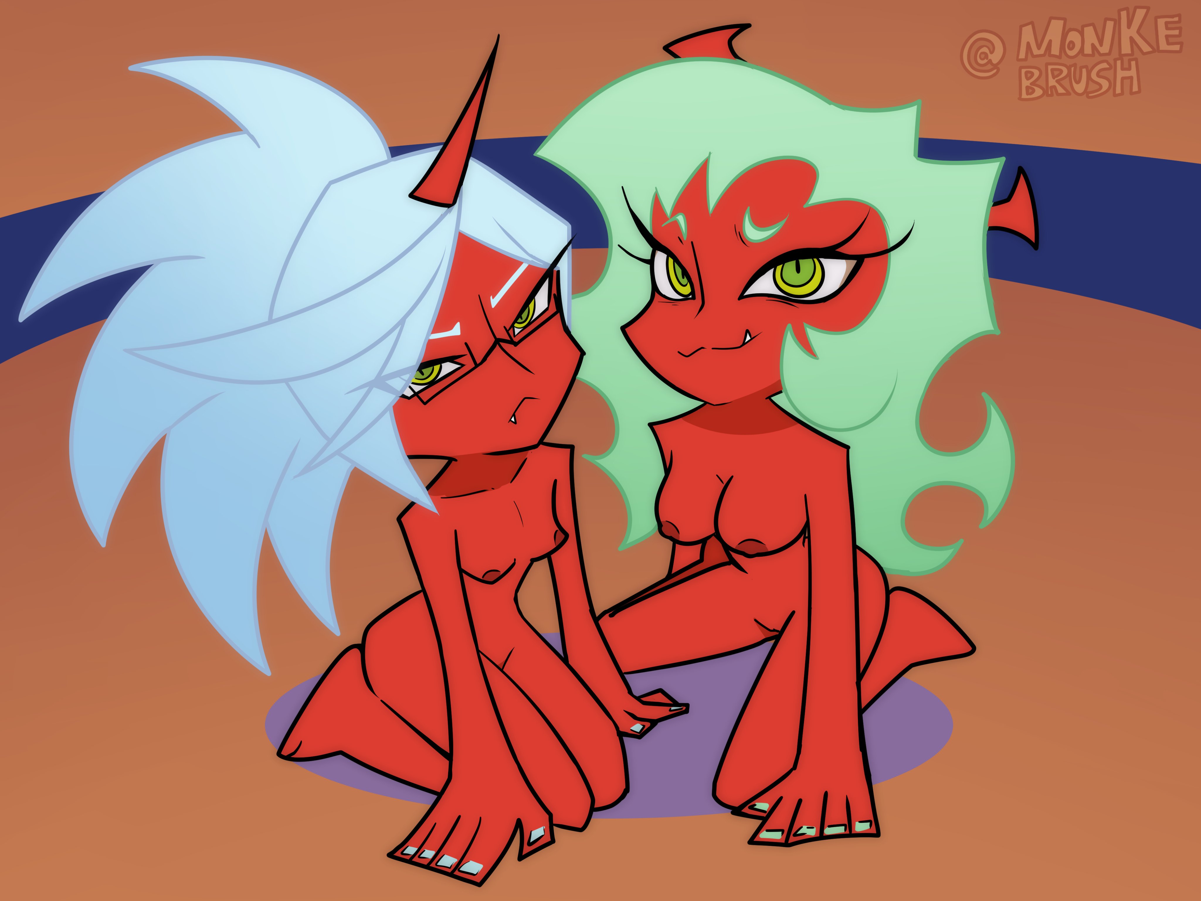 :3, 2demons, 2girls, accurate art style, barefoot, blue hair, completely nude, completely nude female, demon, demon girls, demon horns, demoness, demons, female, female only, glasses, green hair, kneesocks daemon, long hair, medium breasts, monke brush, nipples, nude, nude female, on model, panty & stocking with garterbelt, pussy, red skin, scanty daemon, shaved pussy, small breasts