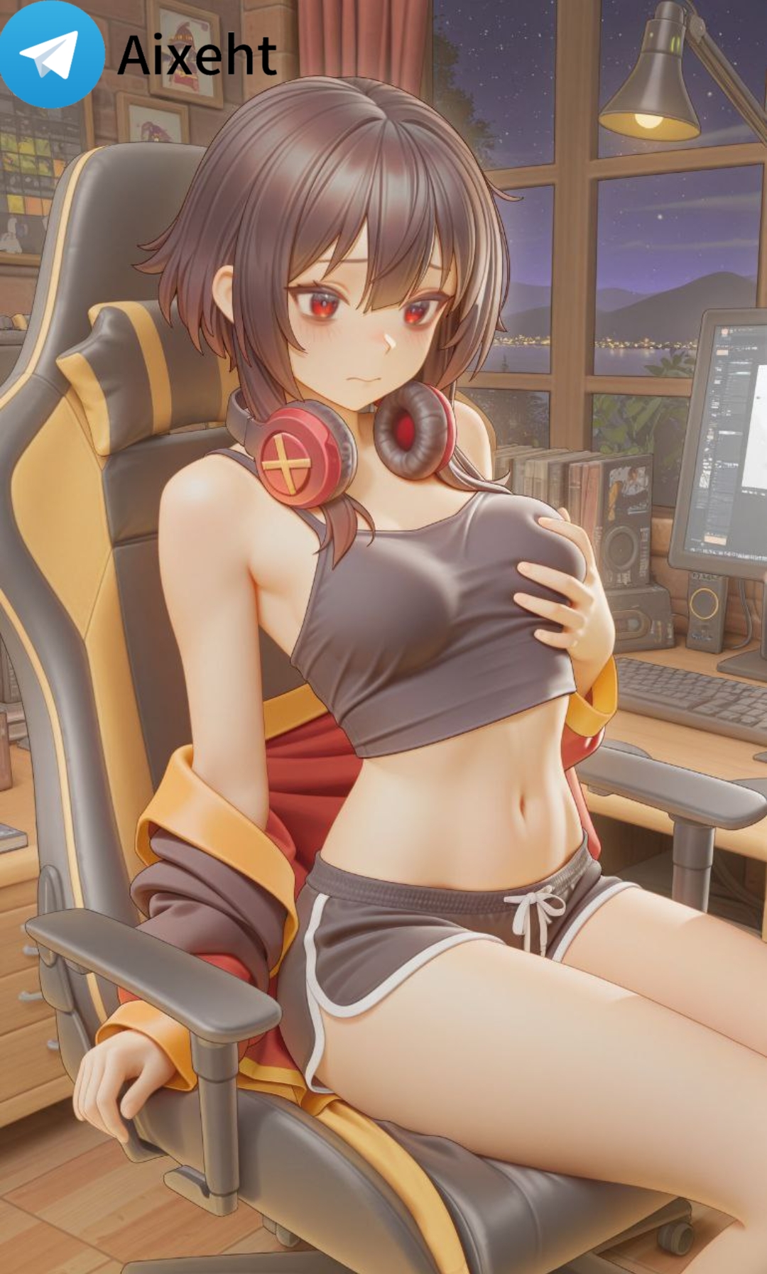 ai generated, chair, dolphin shorts, grabbing, hand on breast, headphones, konosuba, medium breasts, megumin, midriff, navel, pc, sitting, tank top