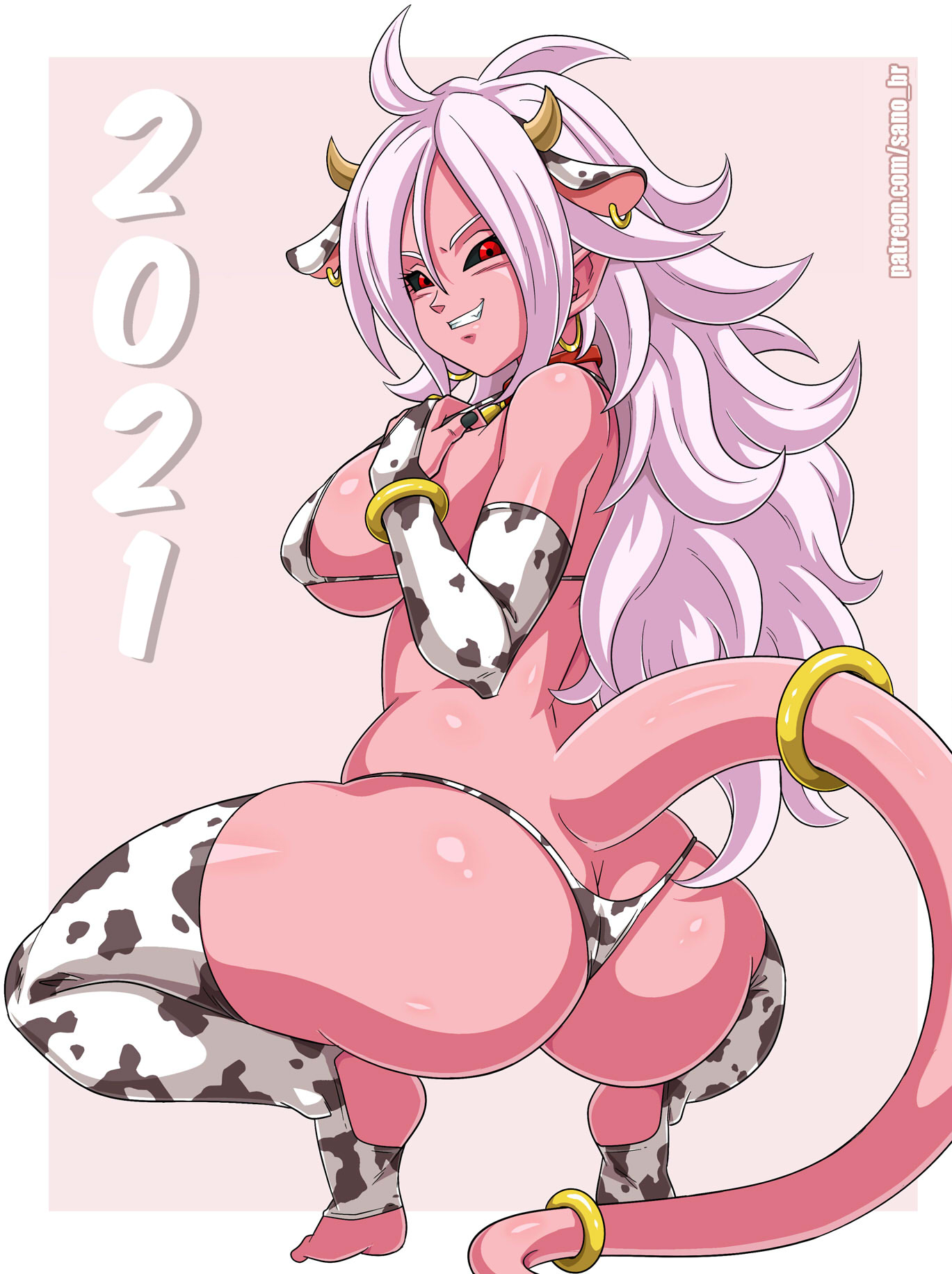 1girls, 2010s, 2021, android 21, ass, bare shoulders, between ass, big ass, big breasts, big butt, bikini, black sclera, bracelet, breasts, busty, collar, cow bikini, cow girl, cow print, curly hair, curvy, curvy body, curvy female, dark persona, dragon ball, dragon ball fighterz, earrings, elbow gloves, fake animal ears, fake horns, female, female focus, female only, fingerless gloves, gloves, hand on breast, hi res, high resolution, highleg bikini, highres, hucow, humanoid, large breasts, legwear, long hair, long tail, looking at viewer, looking back, majin, majin android 21, micro bikini, nail polish, pink skin, pointy ears, red eyes, revealing clothes, sano-br, seductive, shiny skin, sideboob, simple background, slim waist, smile, solo, spread legs, squat, squatting, stirrup legwear, stirrup stockings, stirrups, stockings, string bikini, tail, tail ring, thick ass, thick thighs, thighhighs, thighs, thong, thong bikini, underboob, white hair, wide hips
