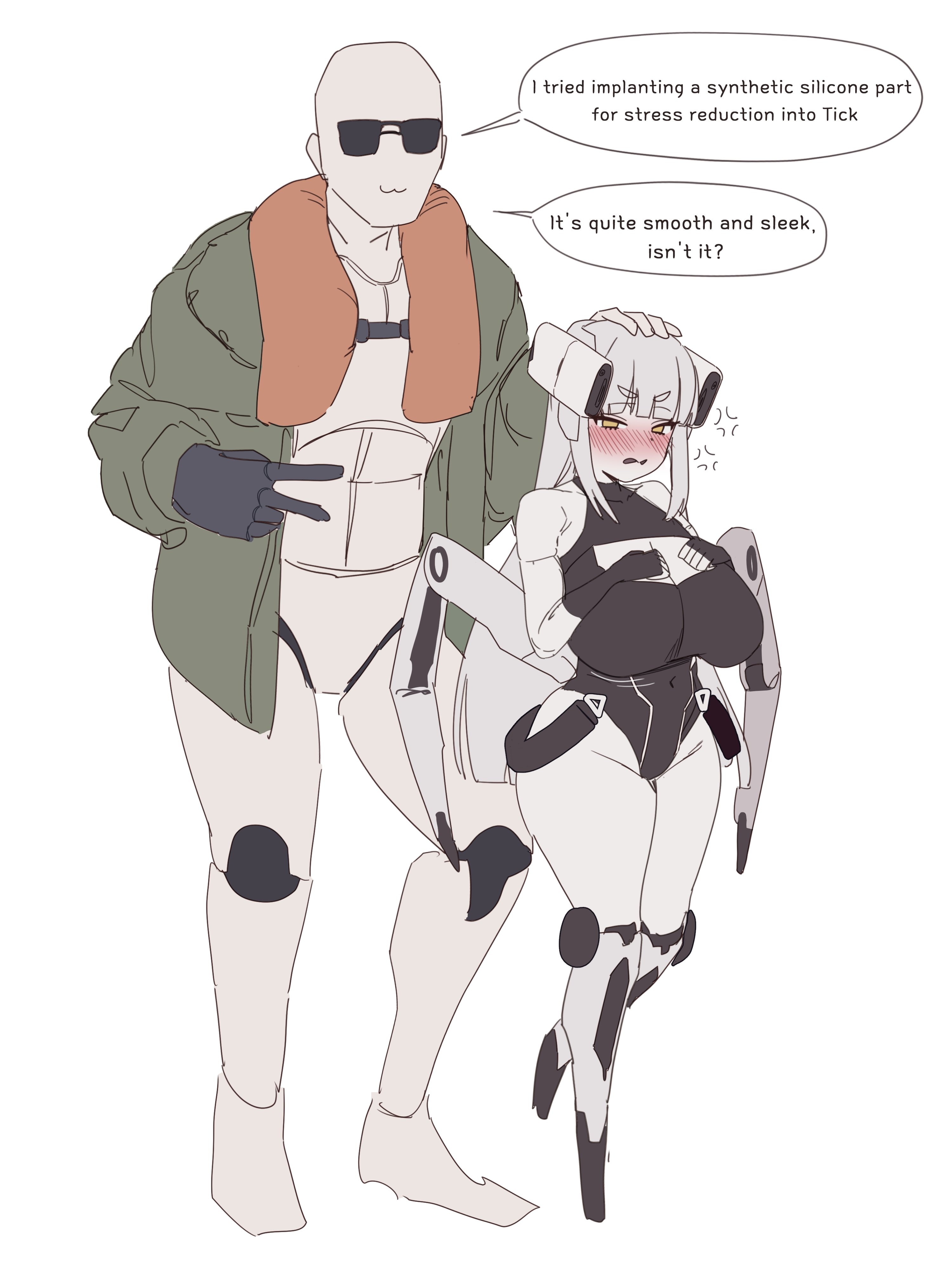 1boy, 1girls, android, angry, angry face, anthropomorphic, arc (arc raiders), arc raiders, big breasts, blush, embarrassed, gya rb, gynoid, humanoid, lance (arc raiders), personification, robot, robot boy, robot girl, robot humanoid, robotic arm, shortstack, smaller female, sunglasses, tick (arc raiders), v, v sign
