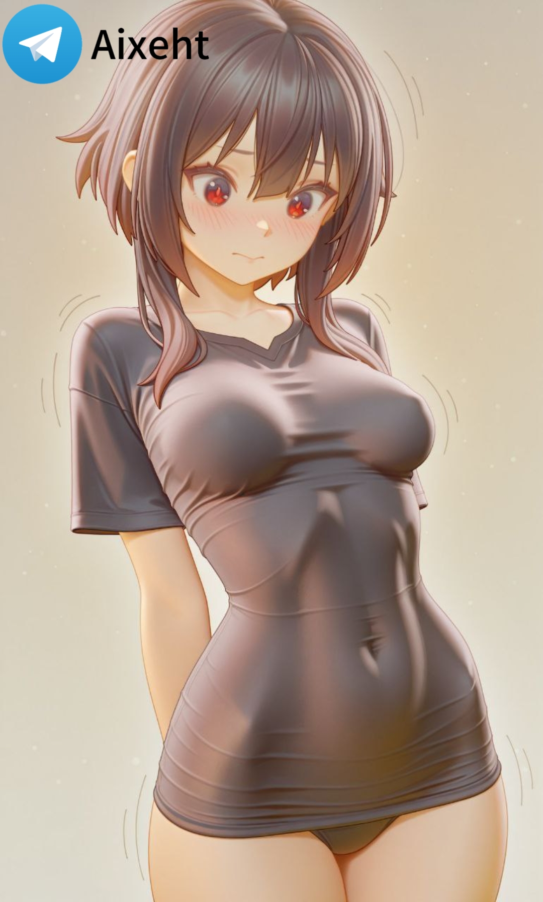 ai generated, covered navel, covering breasts, konosuba, medium breasts, megumin, shirt, thighs, tight clothing