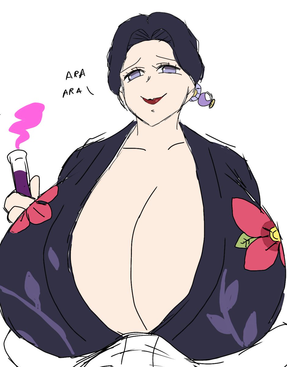 1girls, 2d, 2d (artwork), alternate body type, alternate breast size, big breasts, breasts, breasts bigger than head, bulge, bulge through clothing, busty, busty female, busty girl, curvy, curvy body, curvy female, curvy figure, demon slayer, digital drawing (artwork), digital media (artwork), female, female focus, female only, huge breasts, japanese, japanese clothing, japanese female, kimetsu no yaiba, large breasts, mature, mature woman, momiji (artist), purple eyes, purple eyes female, robe, simple background, solo, solo female, solo focus, tamayo (kimetsu no yaiba), upper body, white background