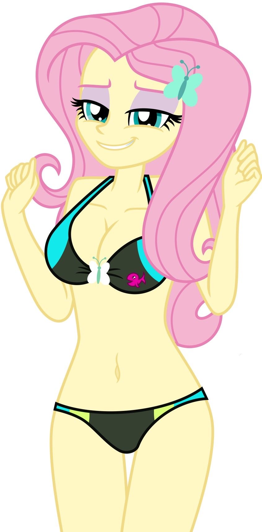 1girls, belly button, bikini, blue eyes, breasts, cleavage, emeraldblast63, equestria girls, female, female focus, female only, female solo, fluttershy (eg), fluttershy (mlp), friendship is magic, hair, hair ornament, hasbro, my little pony, pink hair, simple background, smile, smiling, solo, solo female, white background, yellow body