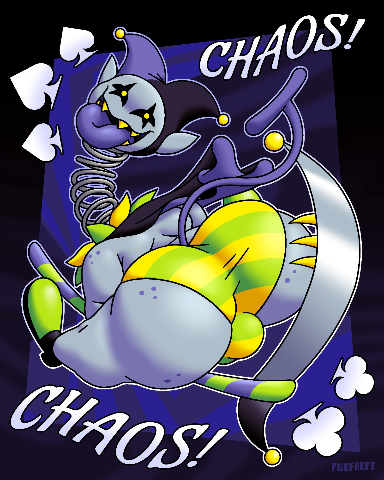 1boy, 1male, big ass, big butt, darkner, deltarune, grey body, grey skin, imp, jester, jester cap, jester hat, jevil (deltarune), male, male only, presenting, presenting ass, presenting hindquarters, pwefheft, scythe, sharp teeth, solo, solo focus, solo male, tail, tongue, tongue out, undertale (series), underwear, yellow underwear