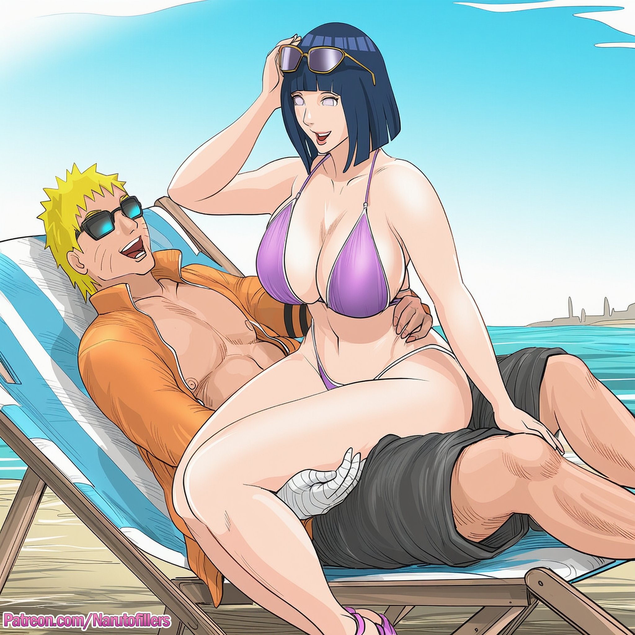 1boy, 1girls, adjusting eyewear, adjusting sunglasses, ai generated, bandaged arm, bandages, beach, beach chair, big ass, big breasts, bikini, bikini bottom, bikini top, blue hair, blunt bangs, bob cut, boruto: naruto next generations, busty, canon couple, carrying, carrying partner, cleavage, couple, cuddling, day, eyewear, female, huge ass, huge breasts, husband and wife, hyuuga hinata, implied sex, jacket, large breasts, looking at viewer, lying on back, lying on chair, male, male/female, mature, mature female, milf, naruto, naruto (series), narutofillers, ocean, outdoors, patreon username, relaxing, sand, sandals, seaside, sexually suggestive, short hair, shorts, sitting, sitting on another, sitting on chair, sitting on lap, sitting on person, straddling, straight, suggestive pose, sunglasses, sunglasses on head, swimsuit, swimwear, uncensored, url, uzumaki hinata, uzumaki naruto, vacation, voluptuous, water, watermark, web address, whisker markings, white eyes, yellow hair