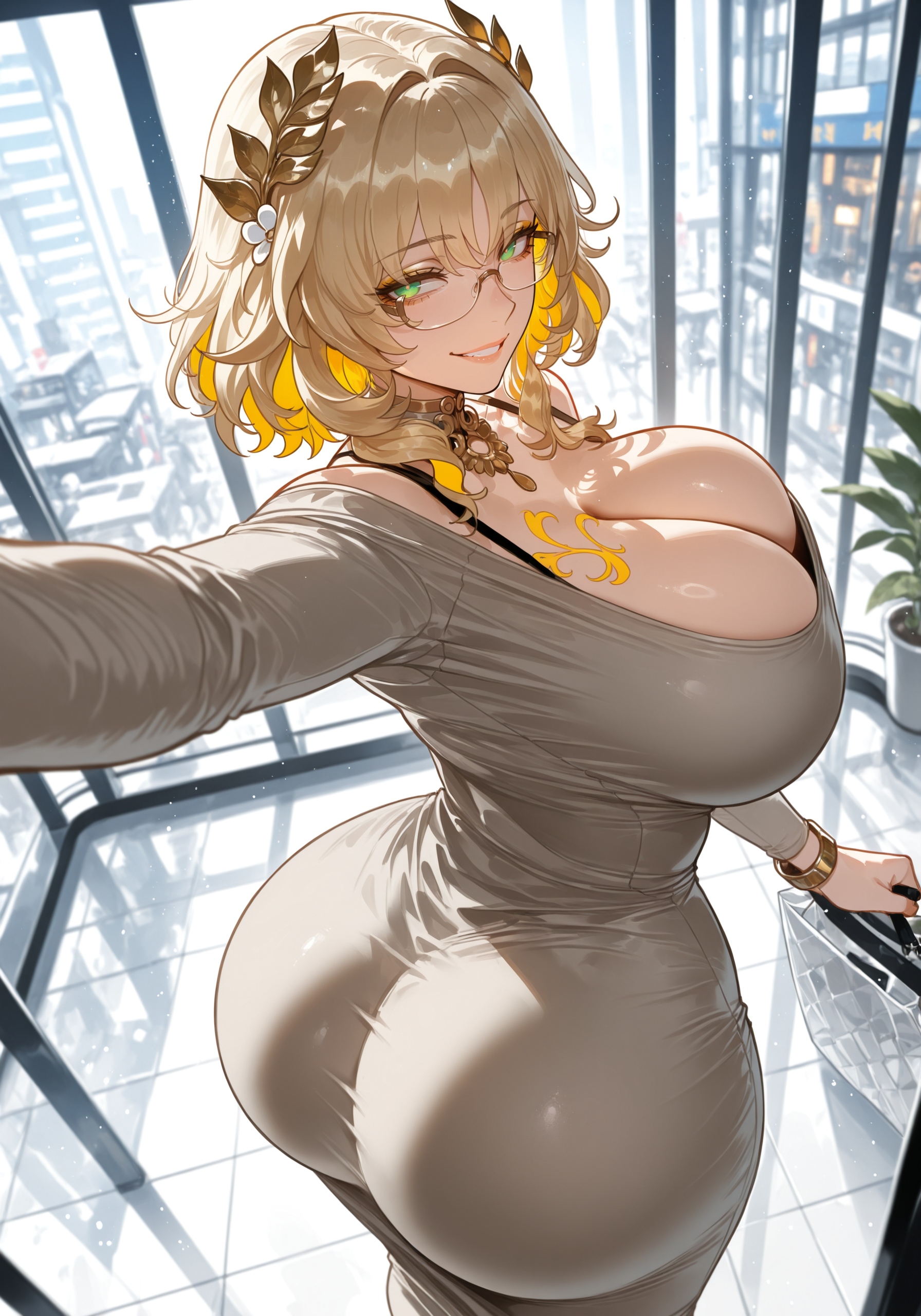 1girl, 1girls, aglaea (honkai: star rail), ai assisted, ai generated, ass, bag, bare shoulders, blonde hair, breasts, choker, cleavage, curvaceous, curvy, curvy female, curvy figure, dress, female, female only, glasses, green eyes, honkai (series), honkai: star rail, huge ass, huge breasts, jewelry, looking at viewer, miyuai, mole, parted lips, short hair, smile, solo, tattoo, thick, thick ass, thick butt, thick hips, thick legs, thick thighs, thighs, twisted torso, voluptuous, voluptuous female, wide hips, wide thighs