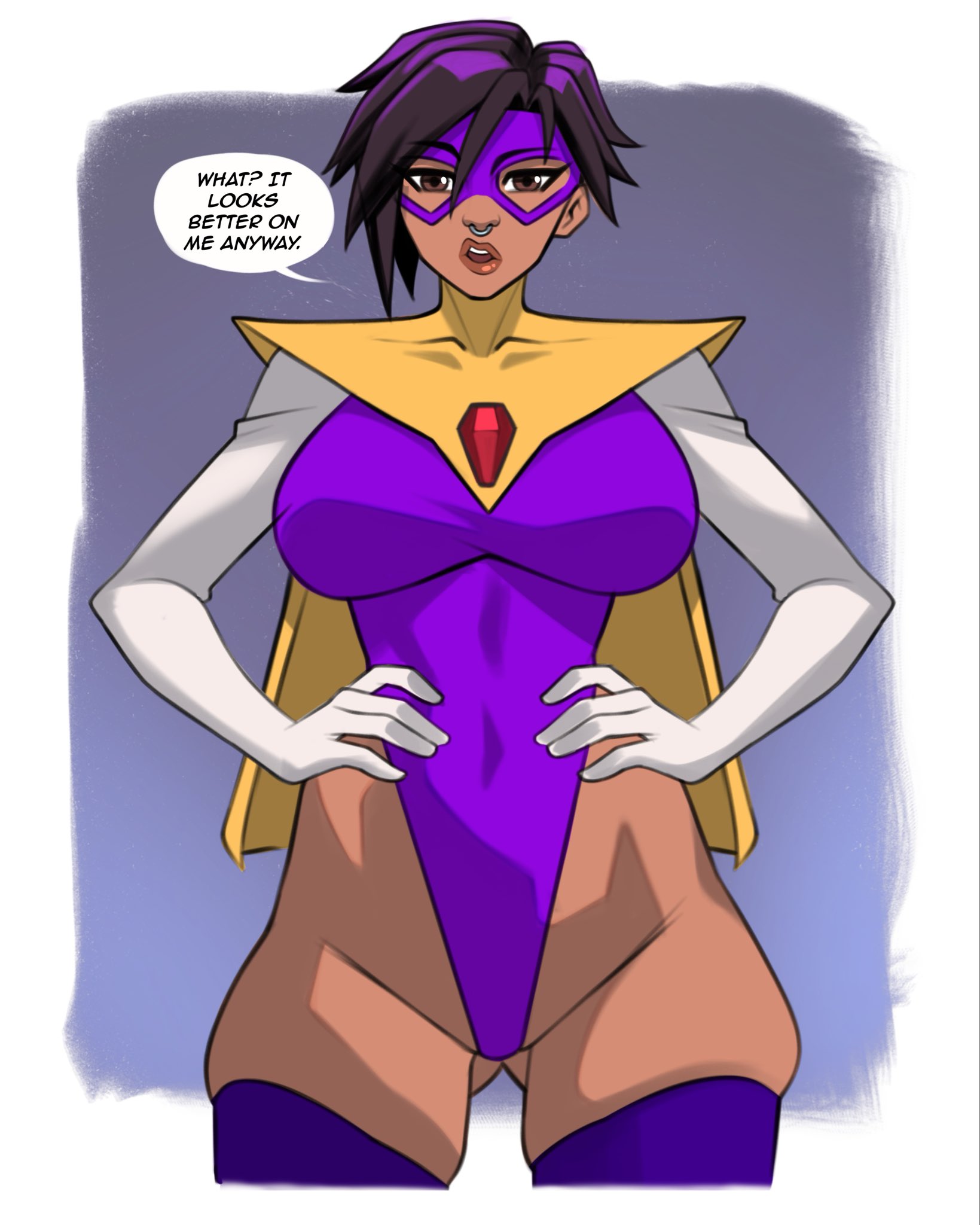 1girls, 2d, alternate costume, breasts, dark-skinned female, dispatch (game), exposed hips, female, female focus, female only, hip cleavage, hourglass figure, human, human female, invisigal, jakuson z, large breasts, looking at viewer, mature female, nose piercing, septum piercing, slim waist, solo, thick thighs, thighs, tomboy, wide hips
