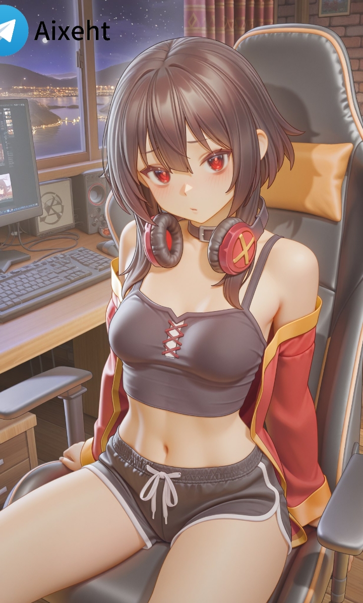 ai generated, chair, dolphin shorts, headphones, konosuba, medium breasts, megumin, midriff, navel, pc, sitting, tank top