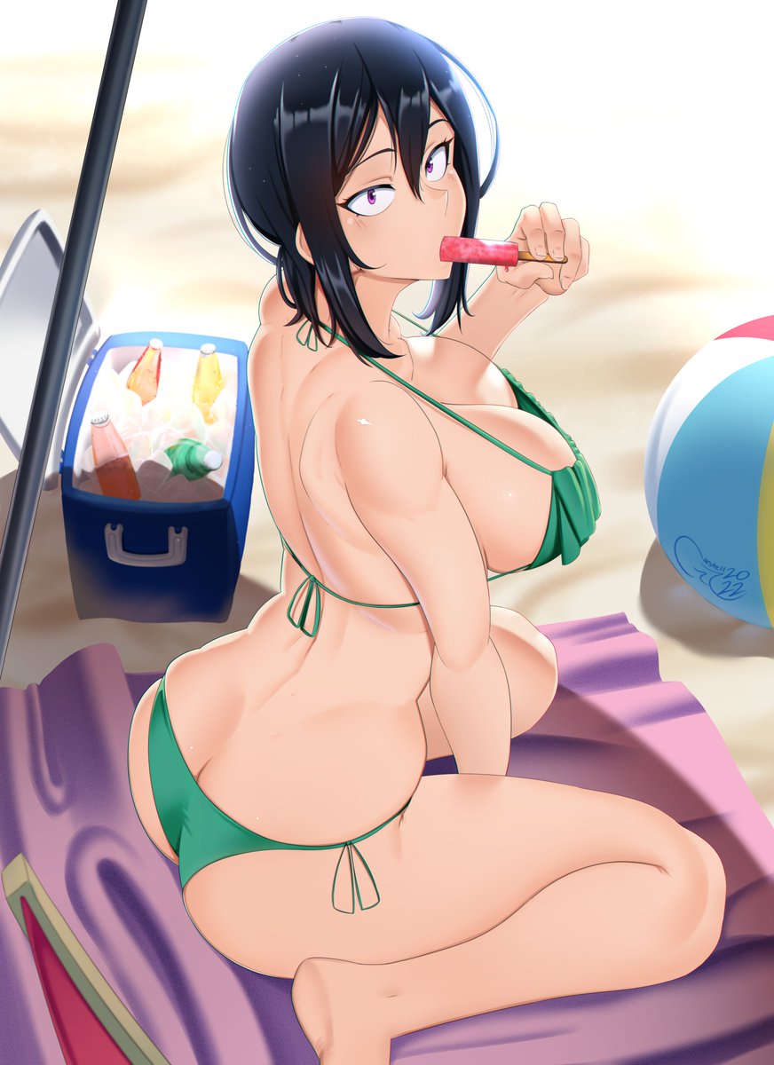 ass beach beach_ball big_breasts bikini breasts butt castell eating_ice_cream female female_only hitomi-chan_is_shy_with_strangers hitomi_takano ice_cream looking_at_viewer tagme thick_thighs towel viewed_from_above