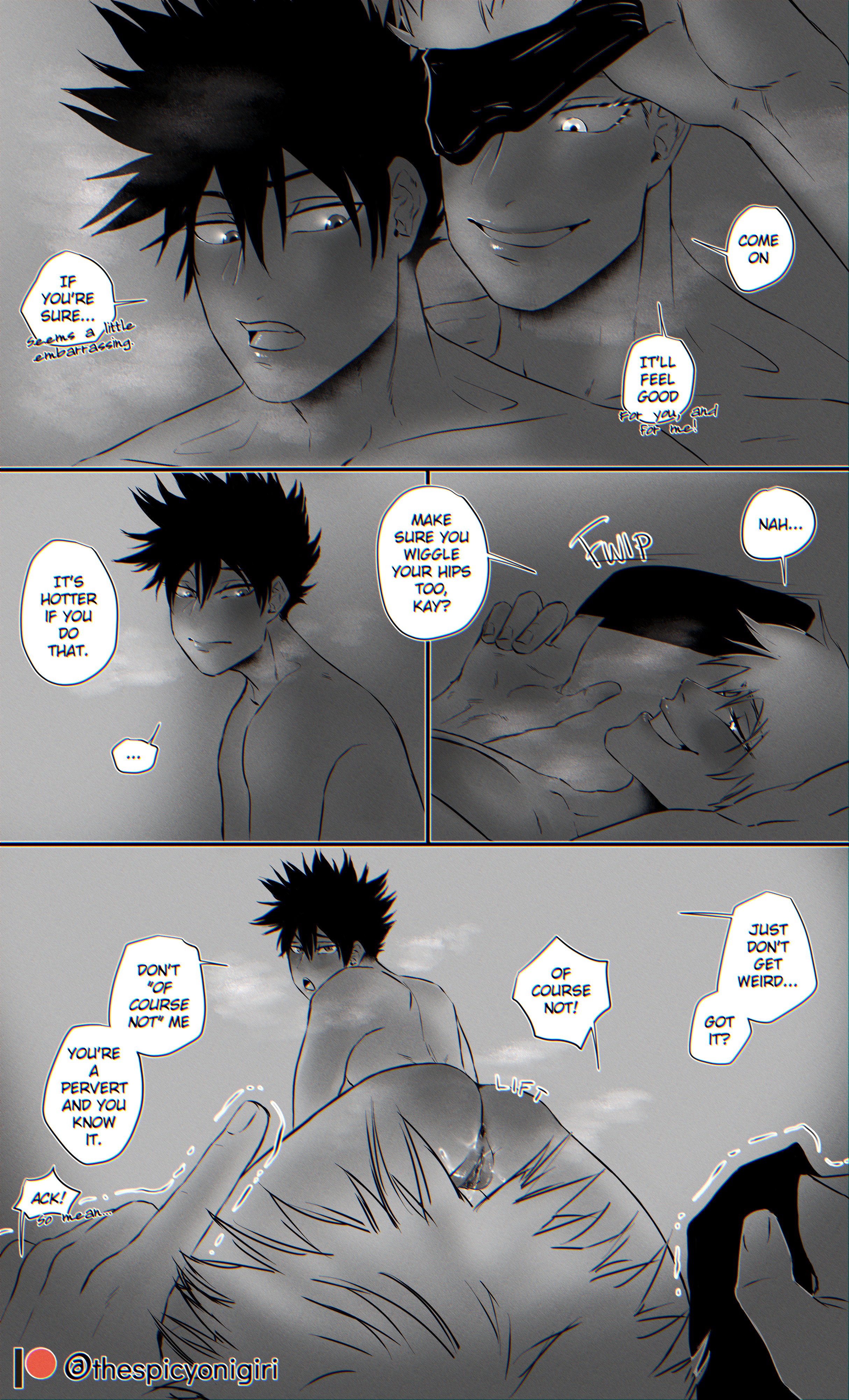 2boys, anus, ass, blindfold, blindfold removed, blush, comic, cuntboy, english text, fushiguro megumi, grin, indoors, intersex, jujutsu kaisen, looking at another, male, monochrome, nipples, nude, pussy, rinjiafterdark, satoru gojo, short hair, smile, text, trembling, yaoi