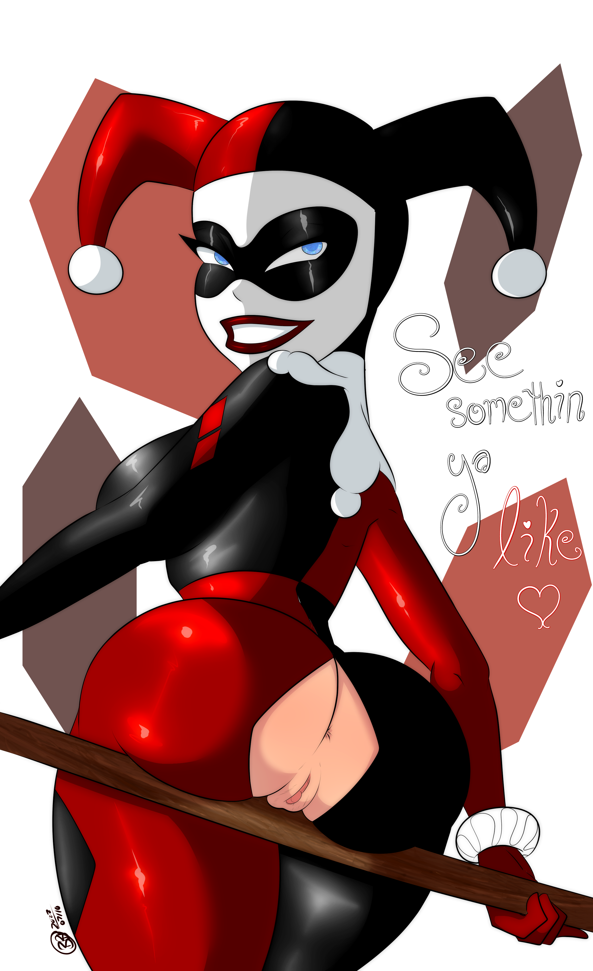 1girls, anus, ass, ass focus, batman (series), batman: the animated series, big ass, blue eyes, bunbunmuffinart, butt focus, crotchless clothes, dc, dc comics, dcau, english text, female, female only, hammer, harley quinn, harley quinn (classic), light skin, light-skinned female, pussy, solo
