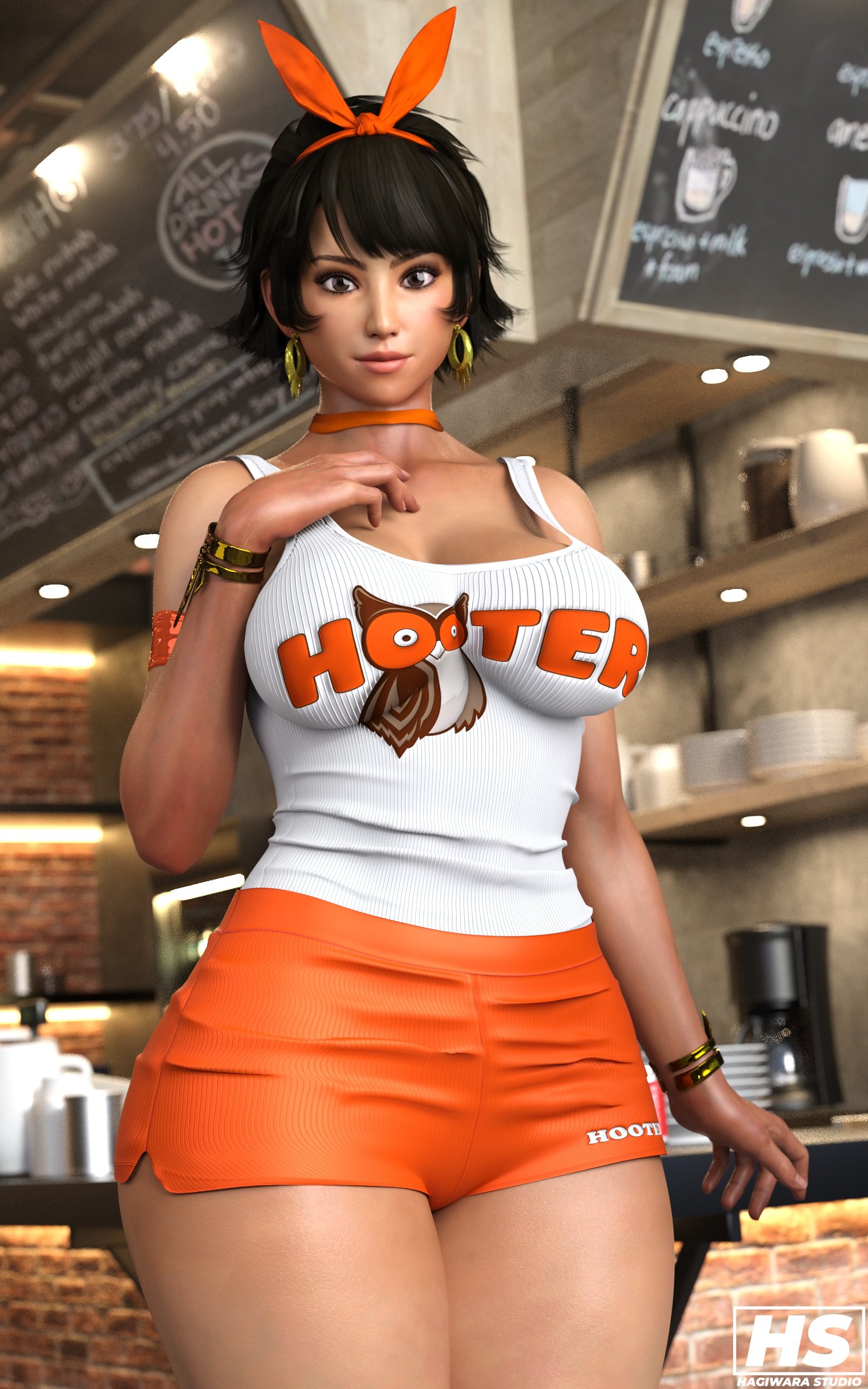 1girls, 3d, ass, big breasts, bracelet, breasts, brown eyes, dark skin, dark-skinned female, earrings, female, female only, fully clothed, hagiwara studio, hooters, josie rizal, medium hair, namco, short shorts, shorts, solo, tekken, tekken 7, thick ass