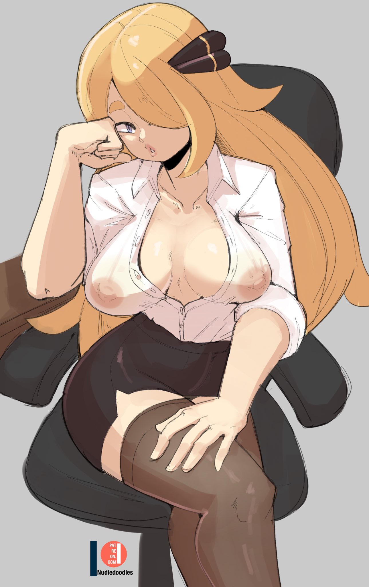 1girls, big breasts, blonde hair, blouse, breasts, chair, cleavage, collared shirt, cynthia (pokemon), eyelashes, eyeliner, female, female focus, female only, formal, game freak, hair ornament, hi res, legwear, lingerie, lipstick, long hair, makeup, miniskirt, nintendo, nipples, nipples visible through clothing, nudiedoodles, office lady, pencil skirt, pokemon, pokemon (game), pokemon dppt, see-through, shirt, side slit, sitting, sitting on chair, skirt, stockings, thighhighs, thighs, very long hair, wing collar