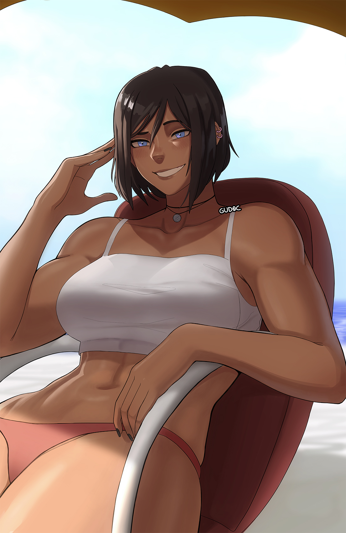 1girls, artist name, avatar legends, beach, big breasts, blue eyes, blush, breasts, dark skin, dark-skinned female, female, fully clothed, gud0c, hand on head, korra, large breasts, looking at viewer, short hair, smile, solo, straight hair, swimsuit, the avatar, the legend of korra, tomboy, water tribe