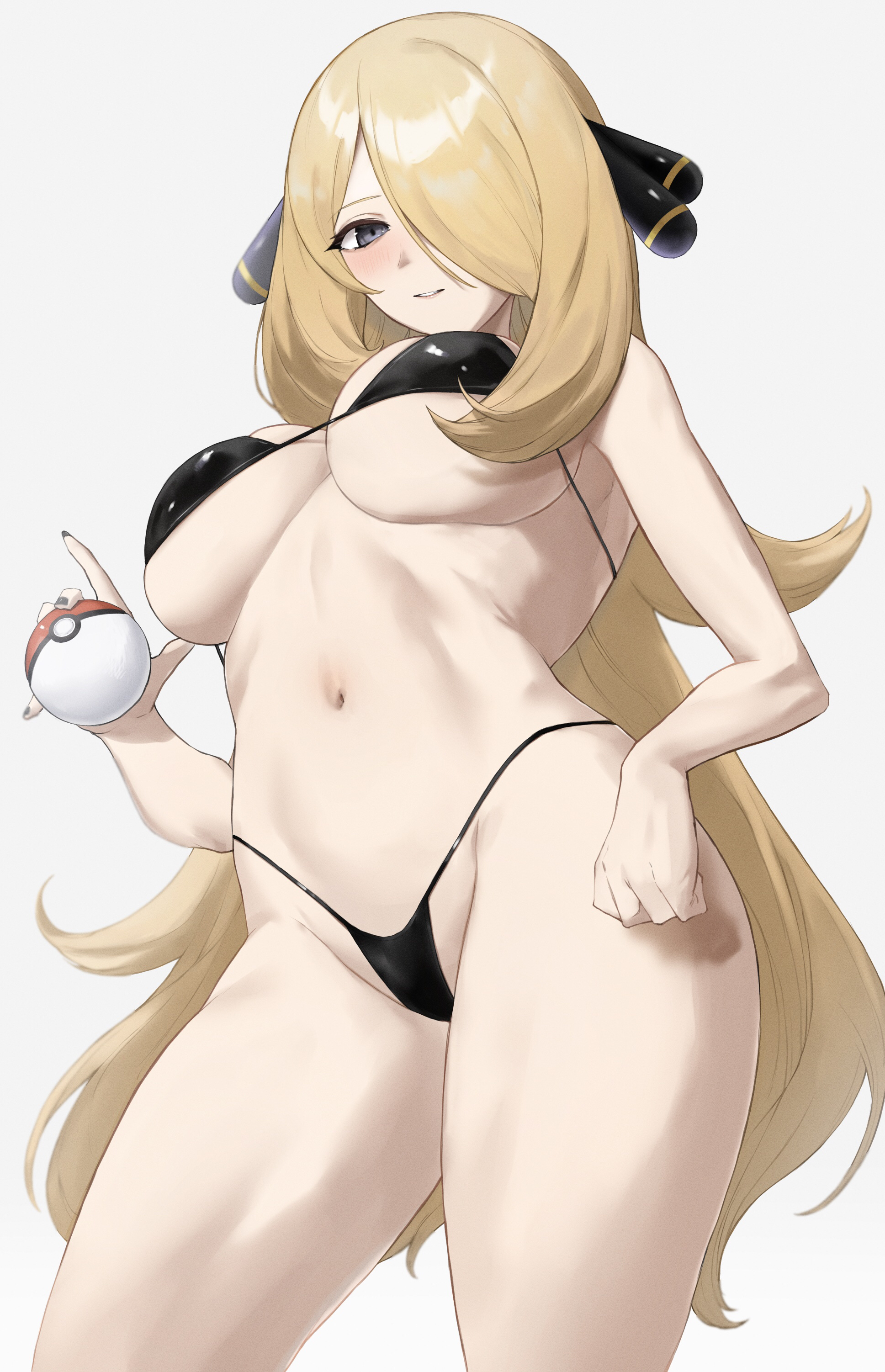 1girls, 2022, bikini, black bikini, blonde hair, breasts, cynthia (pokemon), female, female only, hair ornament, hair over one eye, hi res, hips, holding object, kataku musou, large breasts, long hair, low-angle view, nintendo, pokeball, pokemon, pokemon dppt, simple background, slim waist, thighs, white background
