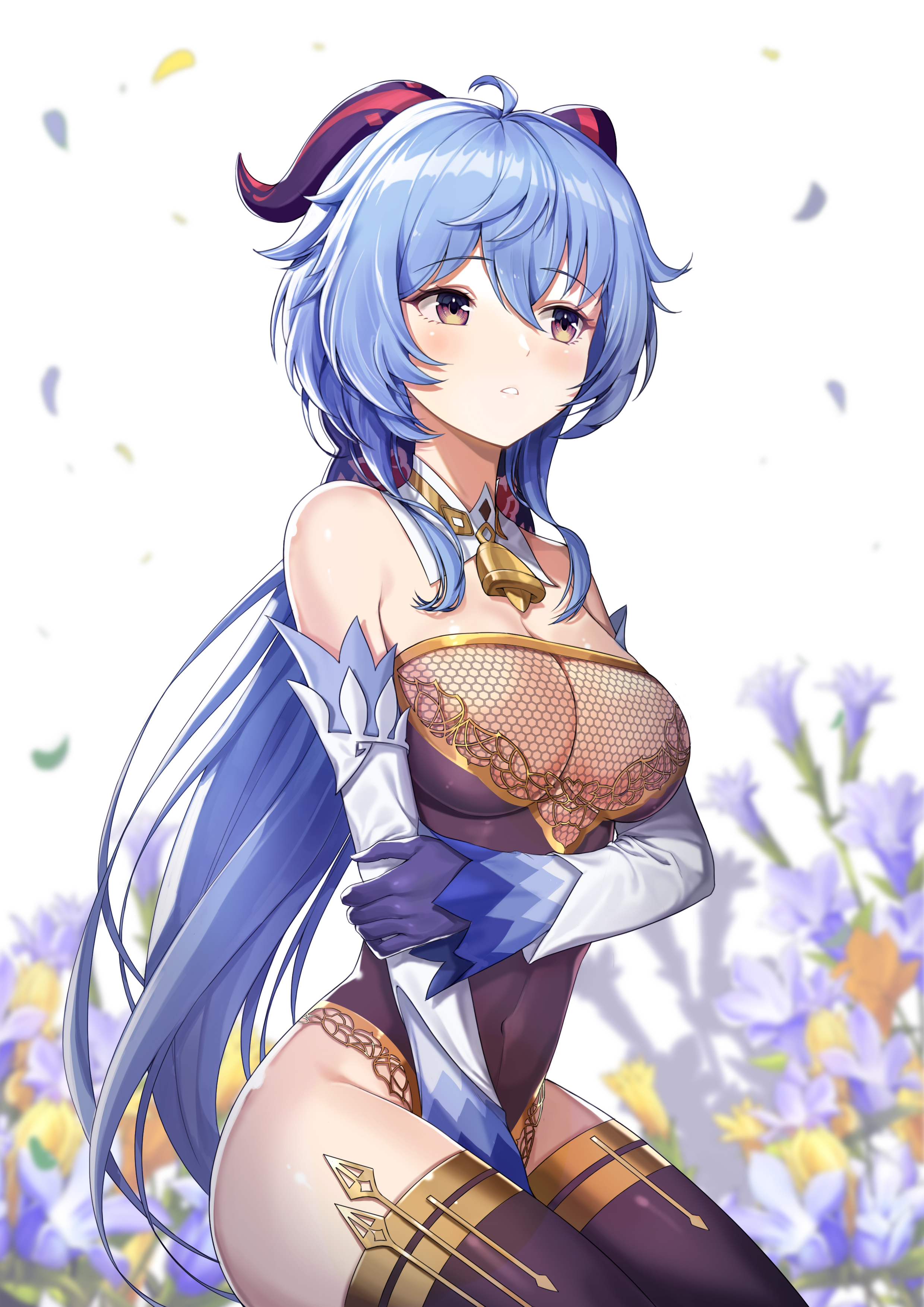 blue hair, dress, female, ganyu (genshin impact), genshin impact, long hair, purple eyes, smile