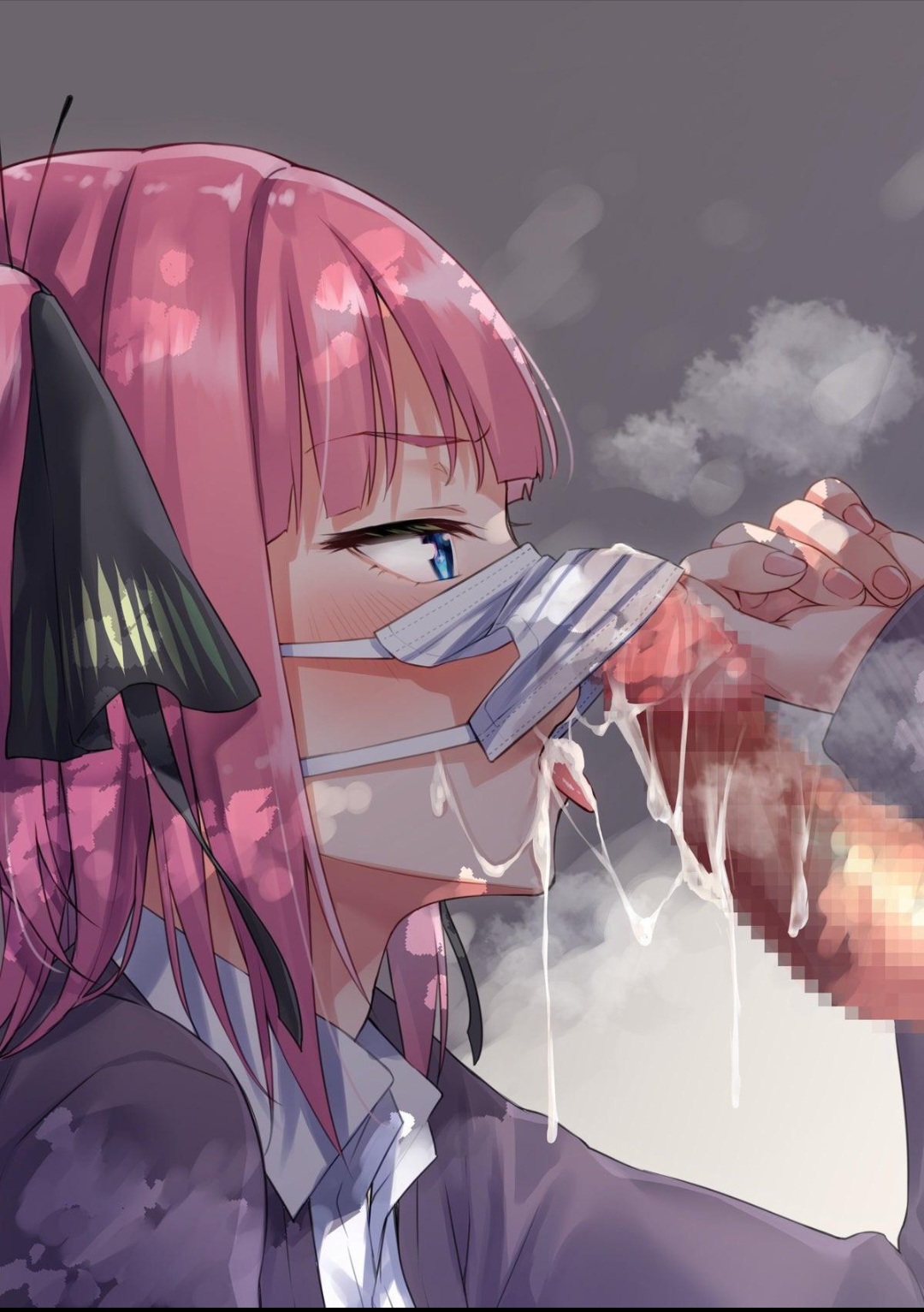 1boy, 1girls, after fellatio, blue eyes, blush, breath, censored, clothed, clothing, cum, cum in mouth, eyebrows visible through hair, fellatio under mask, female, go-toubun no hanayome, heavy breathing, highres, kinoe tsuki, male, mask, mask lift, mosaic censoring, nakano nino, penis, penis out, pink hair, side view, steam, surgical mask, tongue, tongue out, uesugi fuutarou