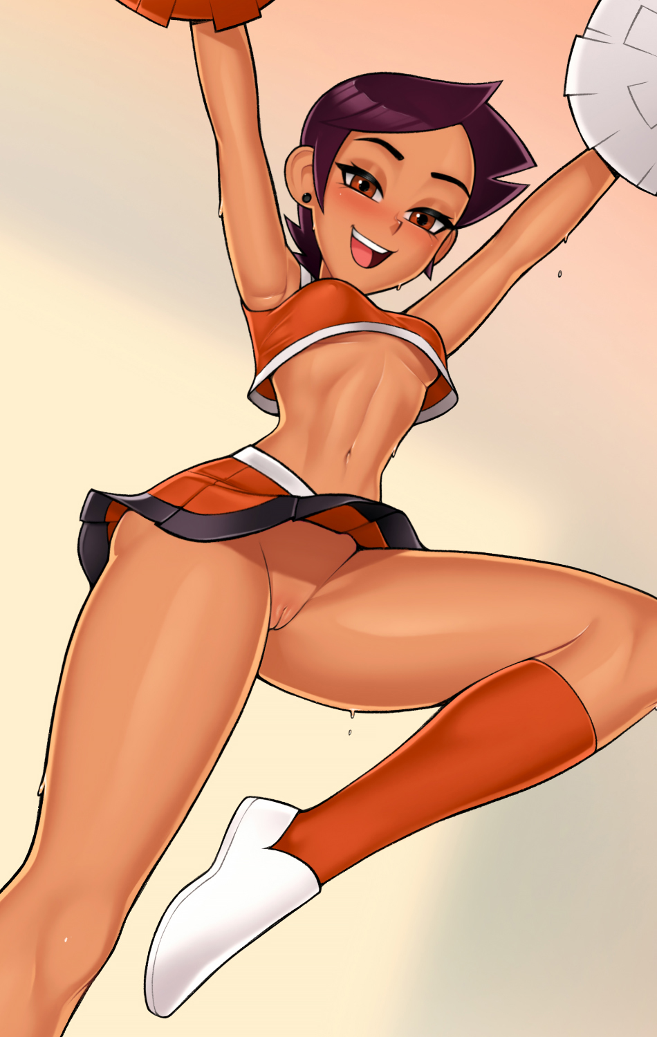 1girls aged_up breasts brown_hair cameltoe casual cheerleader cheerleader_uniform clothing dark-skinned_female dark_skin disney exposed_pussy eye_contact female female_focus female_only footwear going_commando human knee_socks kneehighs kneesocks latina leg_up legwear loodncrood looking_at_viewer luz_noceda orange_socks short_hair skirt socks sportswear the_owl_house upskirt white_background