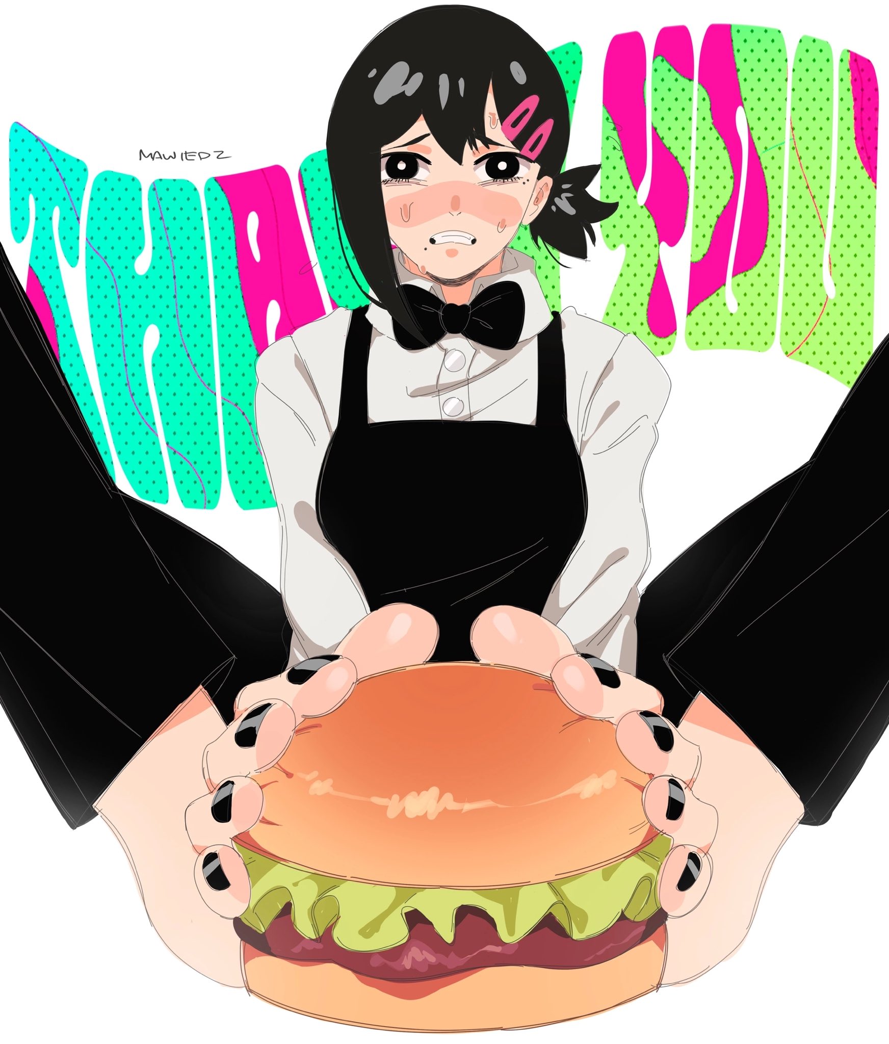 5 toes, barefoot, black toenails, burger, chainsaw man, clothed, clothed female, feet, feet burger, female, foot fetish, foot focus, higashiyama kobeni, mawiedz, scared expression, toenail polish, toes