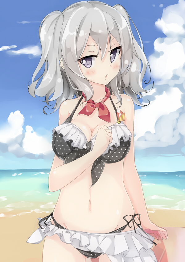 10s 1girls :o ascot beach beritabo bikini blush breasts cleavage cloud day female_focus frilled_bikini frills front-tie_top hair_between_eyes kantai_collection kashima_(kantai_collection) large_breasts looking_at_viewer navel ocean outdoors polka_dot polka_dot_bikini polka_dot_swimsuit purple_eyes side-tie_bikini sidelocks silver_hair skirt sky solo swimsuit tsurime twintails wavy_hair