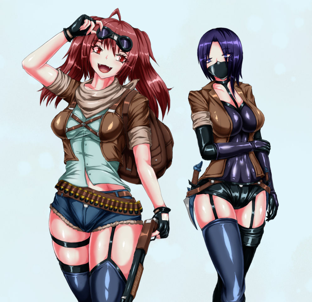 2girls ahoge ammo_belt assassin backpack before brown_hair cowgirl cute_fang female female_only fully_clothed garter_straps hei_kai holding_gun holding_shotgun holding_weapon knife latex_corset latex_elbow_gloves latex_mask latex_thighhighs mask masked_female pre-transformation purple_eyes purple_hair red_eyes shiny_cloths short_jeans shotgun smile thigh_strap thighs twintails weapon_on_hip western 黒鎧