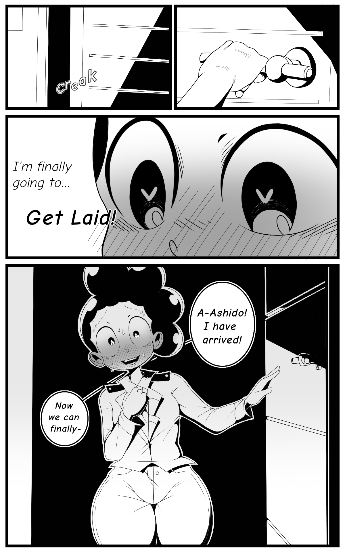 1boy, blush, clothed, clothing, comic, comic page, cute male, dialogue, doujinshi, english text, female, femboy, fetaccine, fully clothed, imminent anal, male, male only, mina ashido, minoru mineta, monochrome, my hero academia, standing, thick thighs, uniform, wide hips