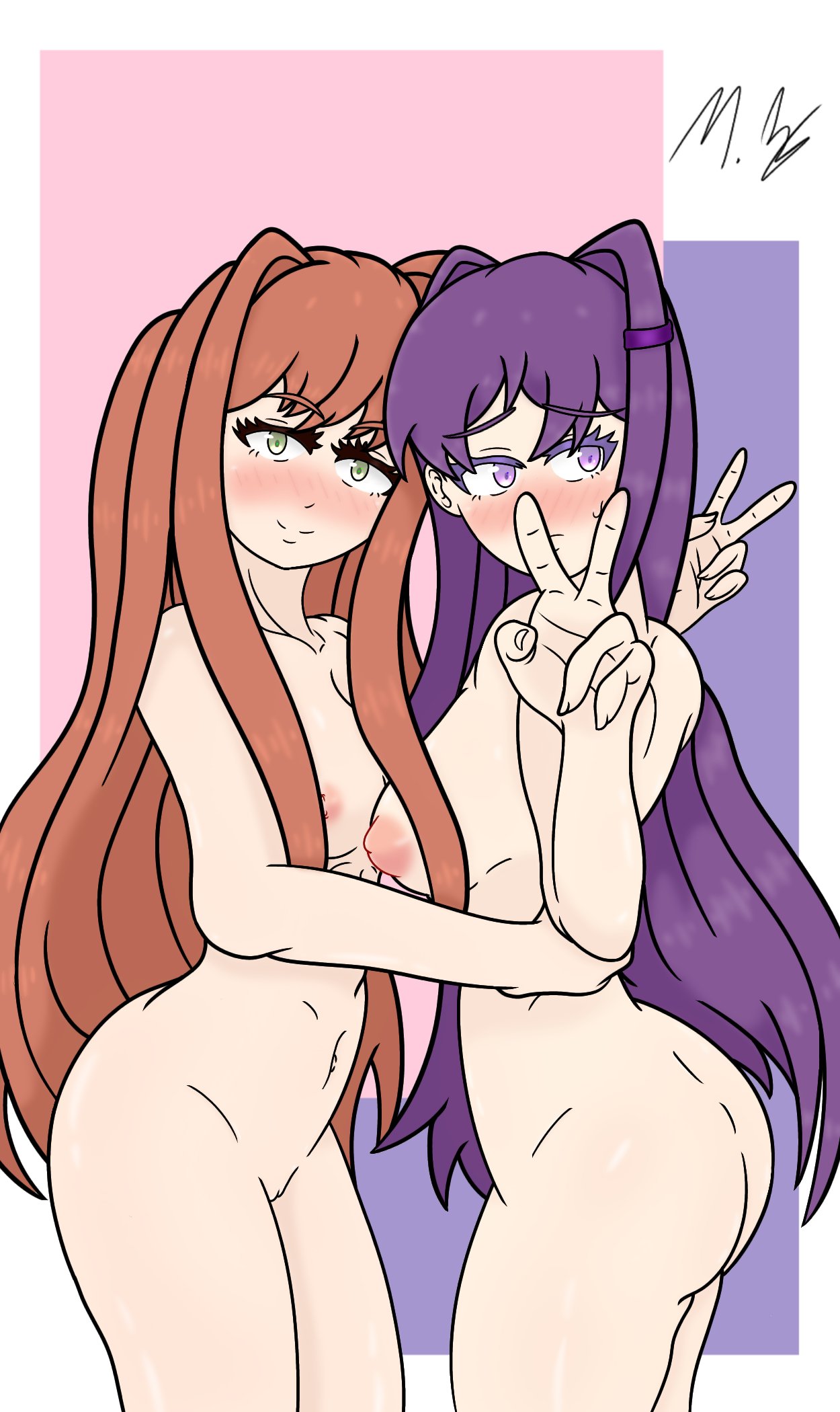 ass blush breasts brown_hair doki_doki_literature_club female green_eyes looking_at_viewer looking_to_the_side moldybagelhere monika_(doki_doki_literature_club) naked nude nude_female peace_sign purple_eyes purple_hair yuri_(doki_doki_literature_club)