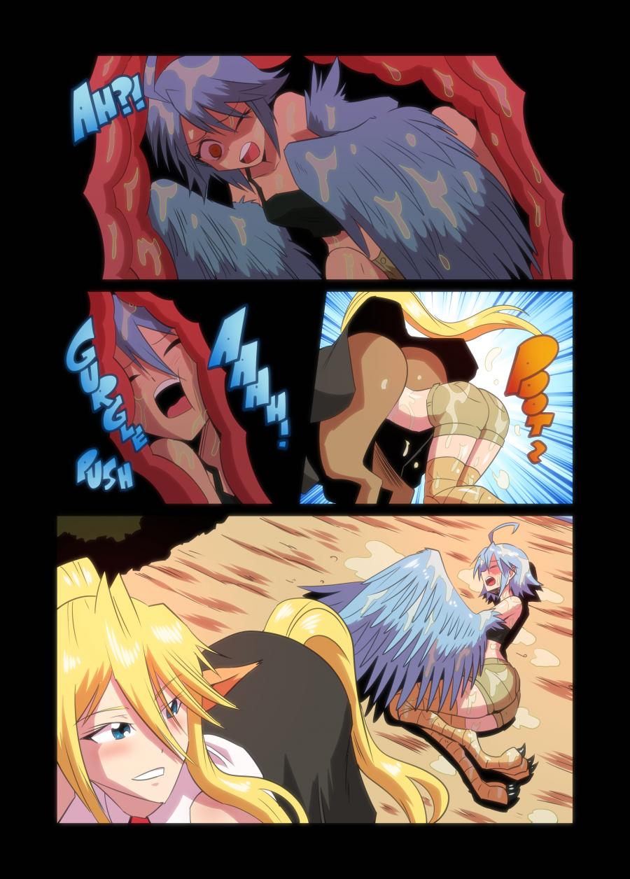 blush centaur centauress centorea_shianus clothing comic equid_taur full_tour harpy monster_musume_no_iru_nichijou papi_(monster_musume) post_vore shorts taur varu vore