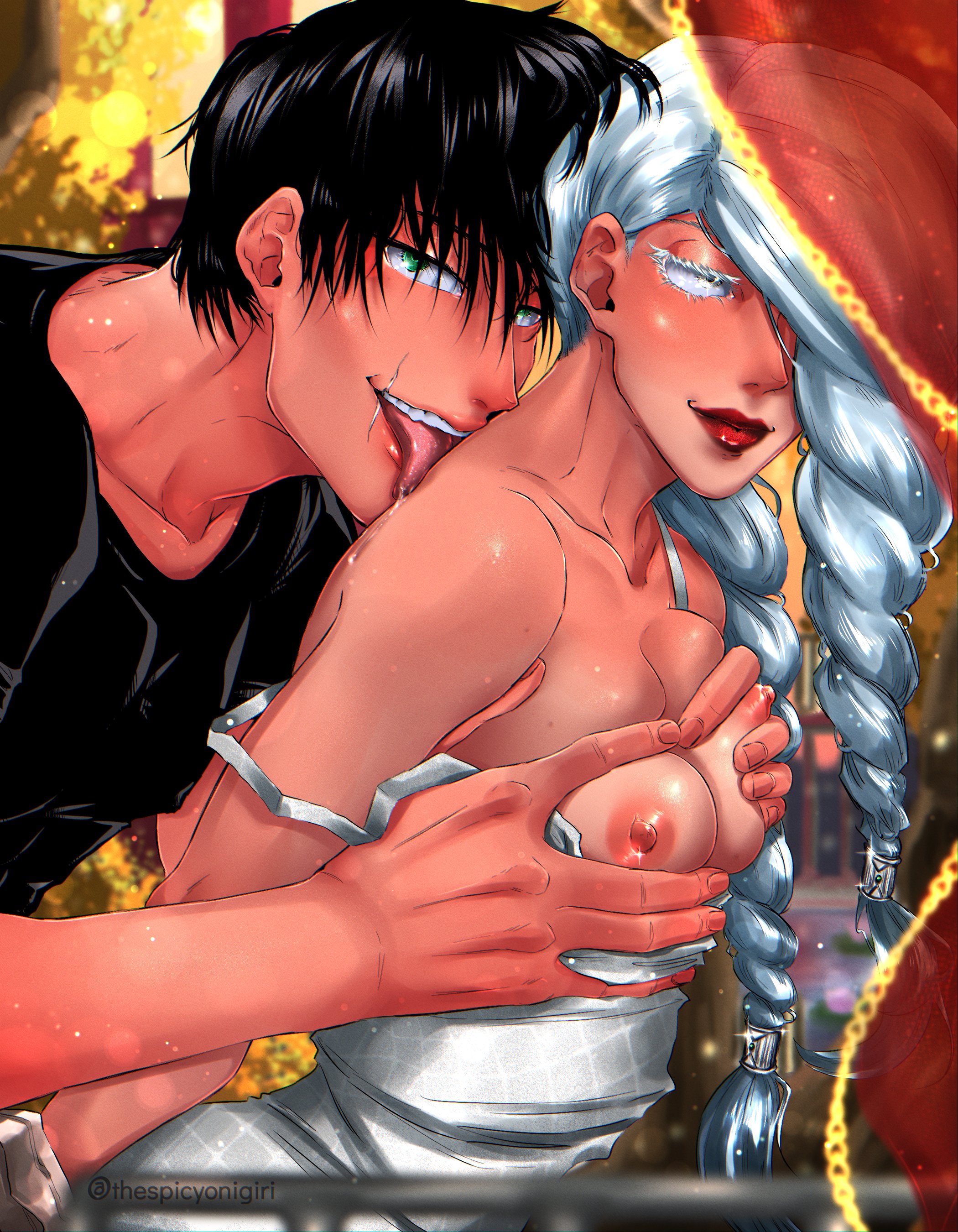 1boy, 1girls, black hair, braid, breast grab, breasts, dress, eyelashes, female, green eyes, jujutsu kaisen, large breasts, licking, long hair, male, male/female, mature male, mei mei (jujutsu kaisen), nipples, red lips, rinjiafterdark, scar on mouth, short hair, silver hair, smile, toji fushiguro, tongue, tongue out
