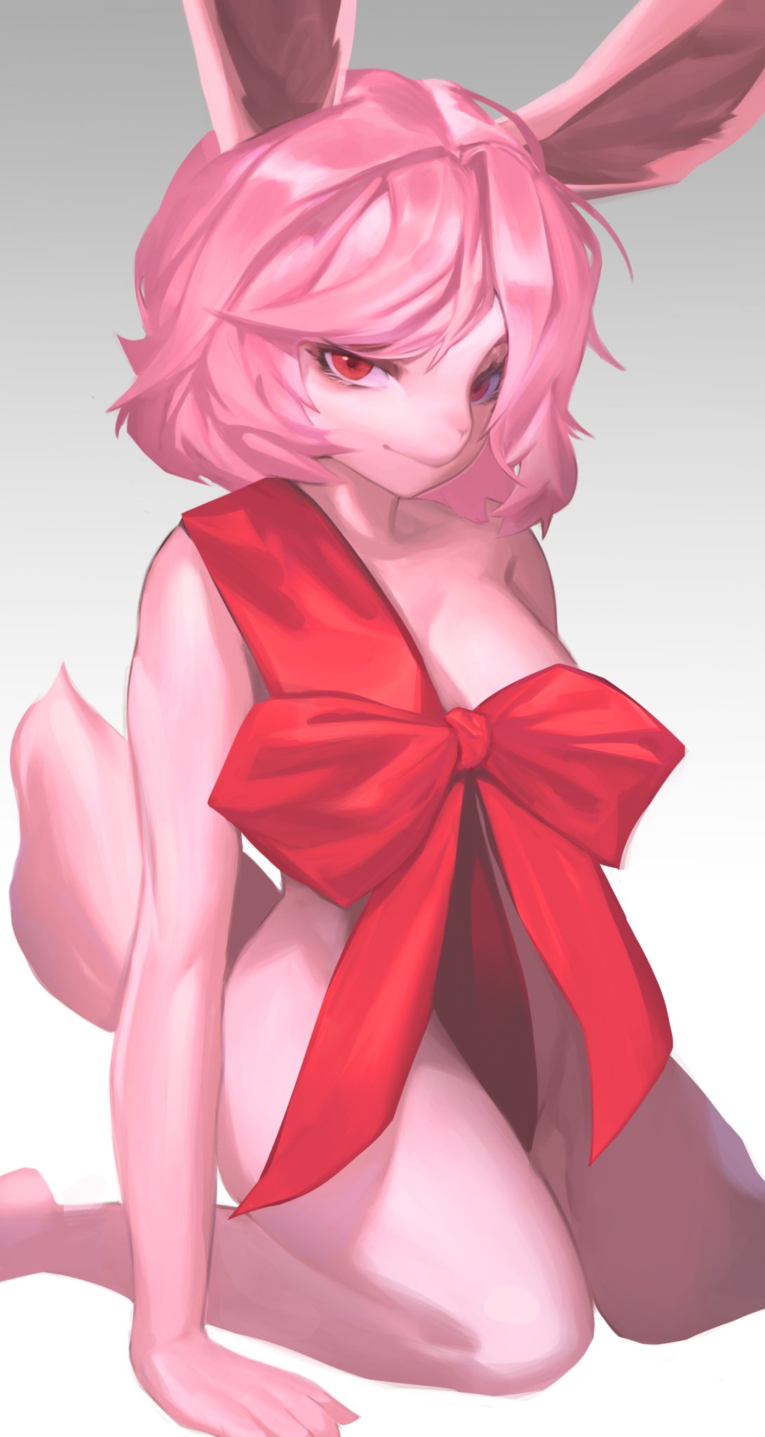 1girls anthro big_breasts breasts female fur furry furry_only kneeling lagomorph leporid looking_at_viewer medium_hair nude nude_female pink_hair rabbit rabbit_ears rabbit_tail red_eyes smirk solo solo_female tagme tail woobin94