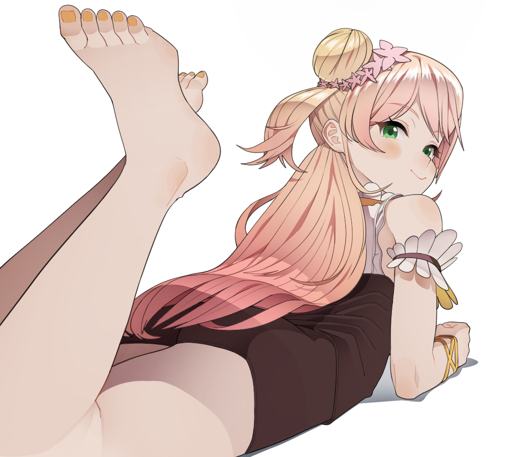 1girls, arm strap, bare legs, barefoot, black skirt, blonde hair, blush, blush stickers, closed mouth, commentary, eyebrows visible through hair, female, flower, from behind, full body, gradient hair, green eyes, hair bun, hair flower, hair ornament, hololive, hololive gen 5, hololive japan, long hair, looking at viewer, looking back, lying, momosuzu nene, multicolored hair, nail polish, official alternate costume, on stomach, orange nails, pink hair, plain 222, shirt, shirt tucked in, simple background, single side bun, skirt, sleeveless, sleeveless shirt, smile, solo, toenail polish, toenails, two side up, two-tone hair, virtual youtuber, white background, white shirt, wristband
