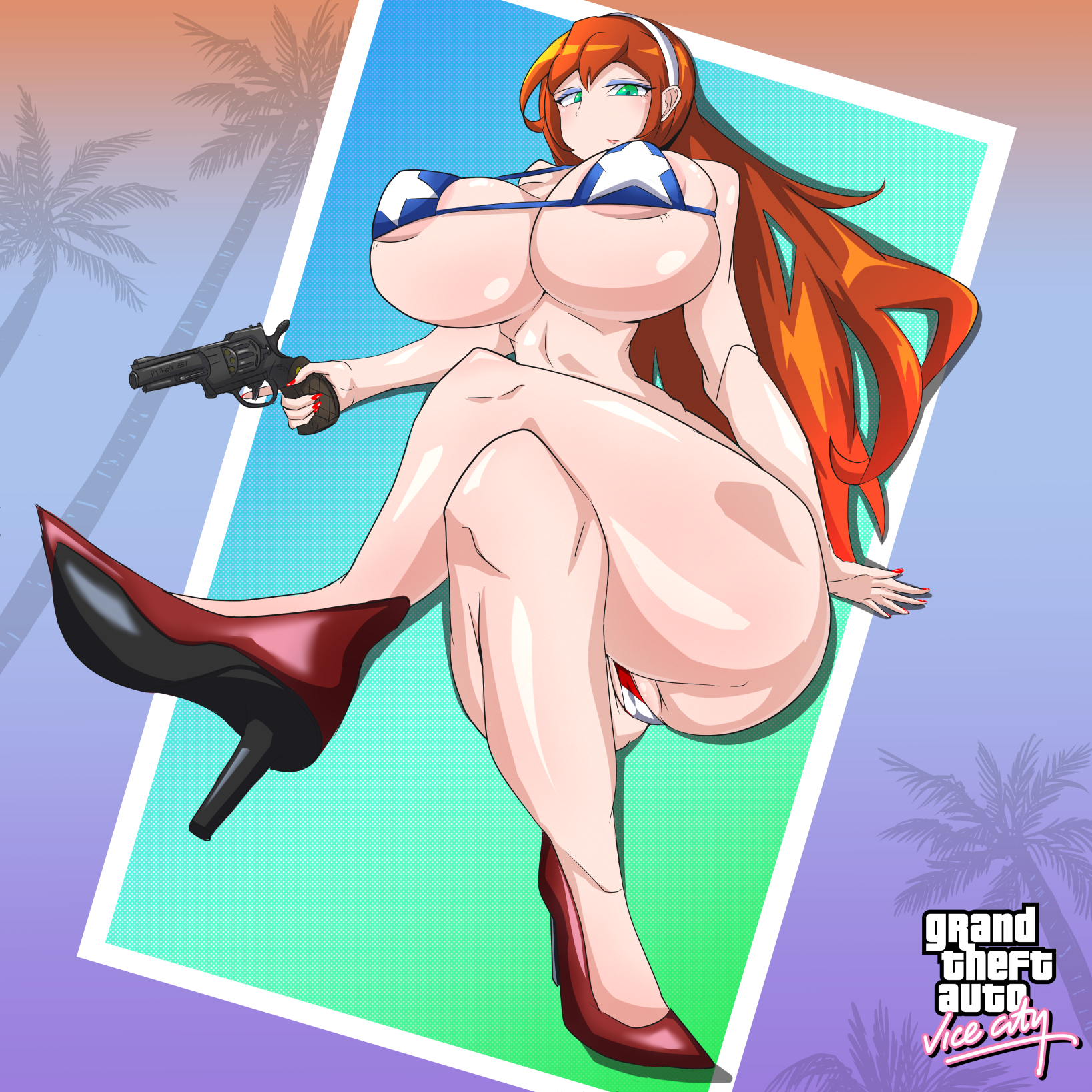 american flag bikini, ass, bikini, breasts, candy suxxx, cleavage, crossed legs, enjin, erect nipples, female, female only, femsub, firearm, grand theft auto, grand theft auto: vice city, green eyes, gun, handgun, high heels, holding weapon, huge breasts, indifferent, logo, nipples, orange hair, revolver, solo, text, unamused, weapon