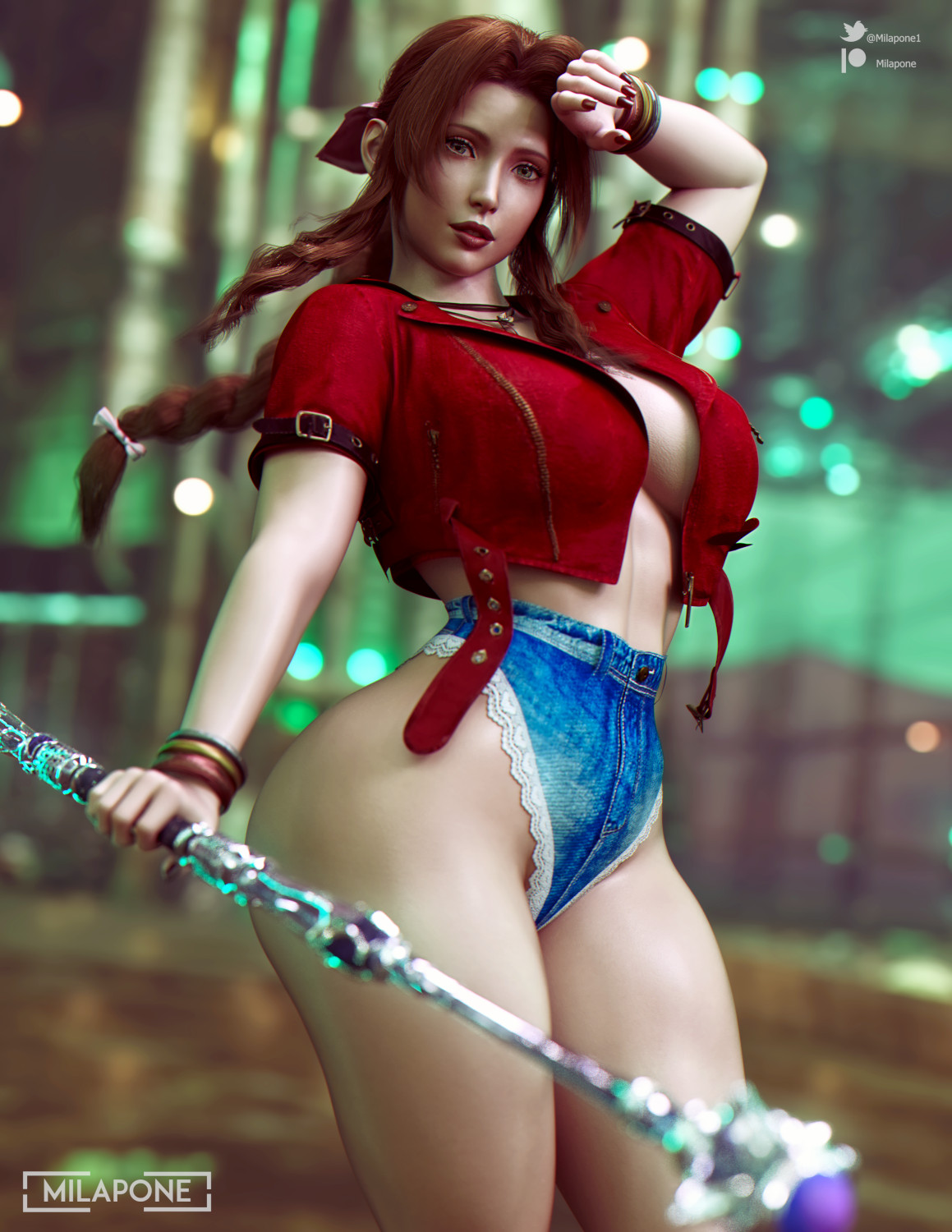 1girls, 3d, aerith gainsborough, ass, female, female only, final fantasy, final fantasy vii, final fantasy vii remake, hi res, jean shorts, looking at viewer, milapone, solo, square enix, staff, thighs