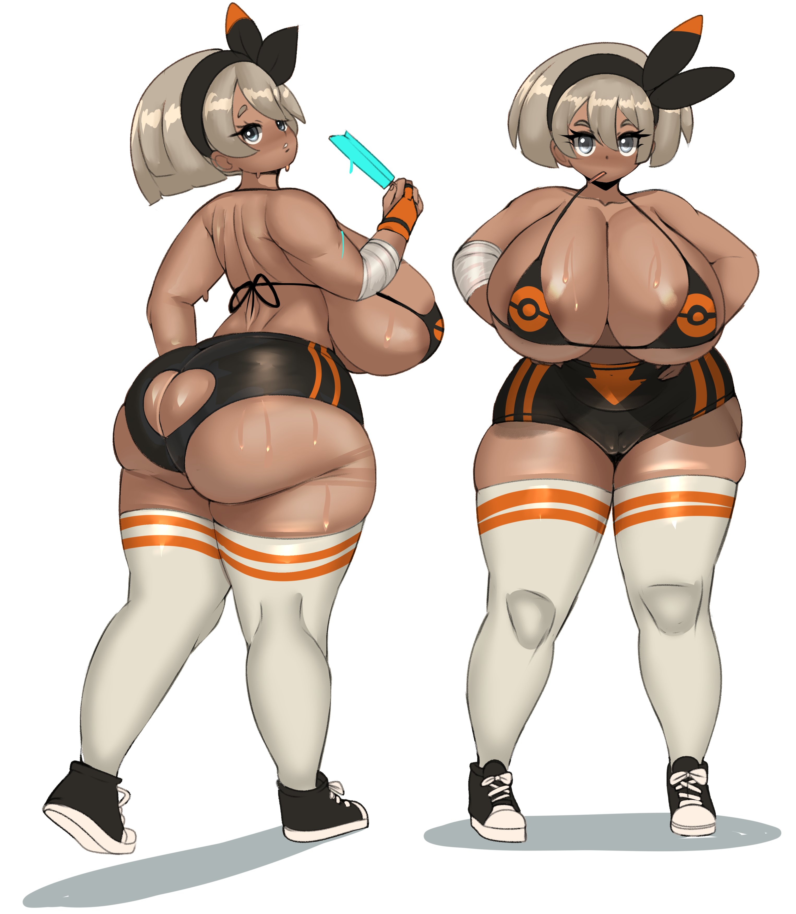 1girls, 2022, alternate ass size, alternate body type, alternate breast size, areola slip, areolae, ass, ass cleavage, ass crack, ass cutout, ass focus, ass shot, back, back view, bea (pokemon), bikini top, booty shorts, breasts, brown skin, bubble ass, bubble butt, butt crack, dark skin, dark-skinned female, eating, female, female only, fladdykin, food, grey hair, gym leader, hi res, hips, holding object, huge ass, huge breasts, large areolae, massive ass, nintendo, nipple slip, nipples, object in mouth, pokemon, pokemon ss, popsicle, shoes, short hair, short shorts, shorts, simple background, sneakers, sweat, sweaty body, thick thighs, thigh socks, thighs, venus body, white background, wide hips