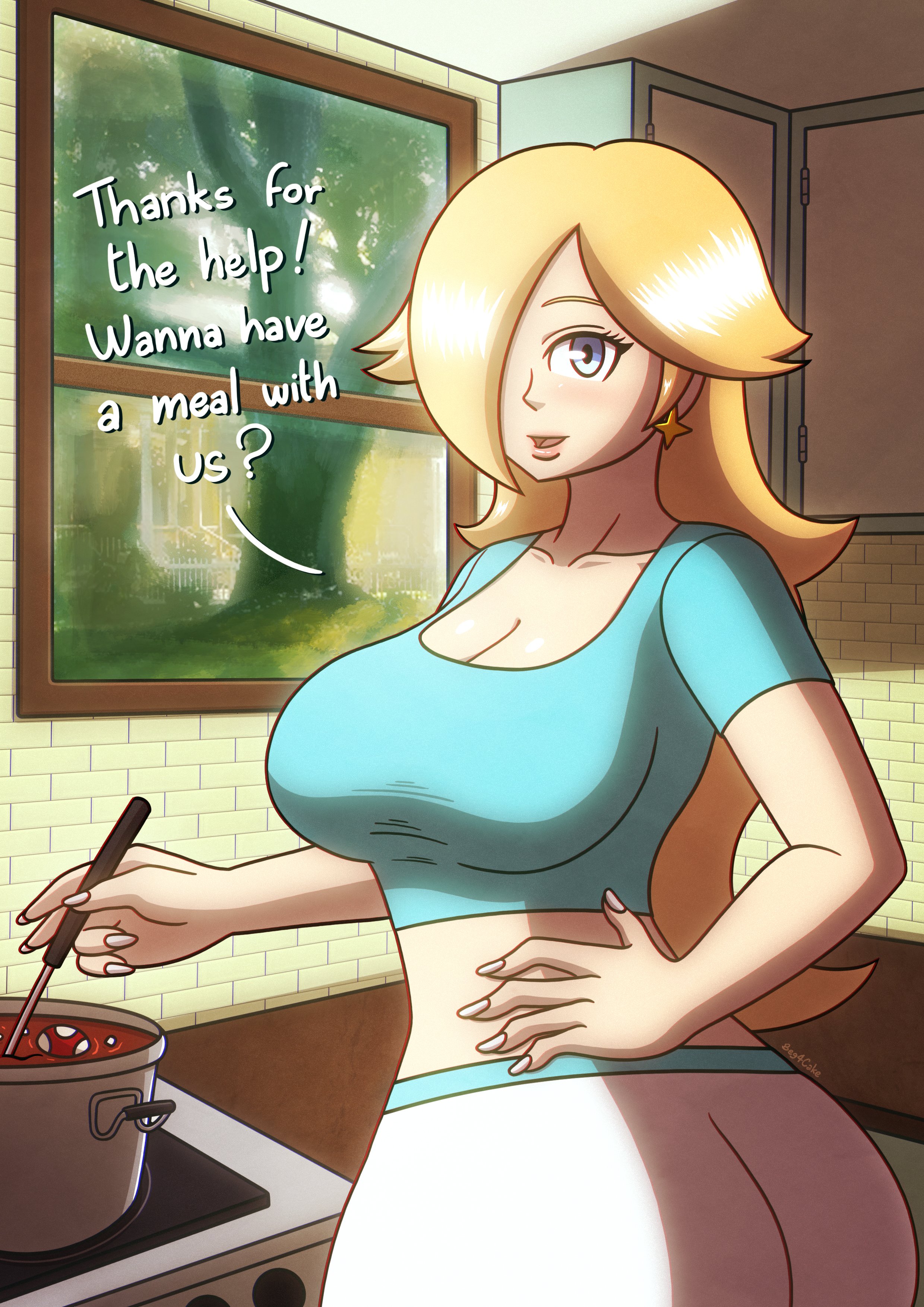 1girls, alternate breast size, ass, beg4cake, big ass, big breasts, big butt, blonde hair, blue eyes, blue shirt, breasts, cleavage, cooking, dialogue, earring, female, female only, hair over one eye, hand on hip, huge breasts, kitchen, looking at viewer, looking back, low cut top, mario (series), nintendo, pants, princess rosalina, shirt, solo, solo female, white pants