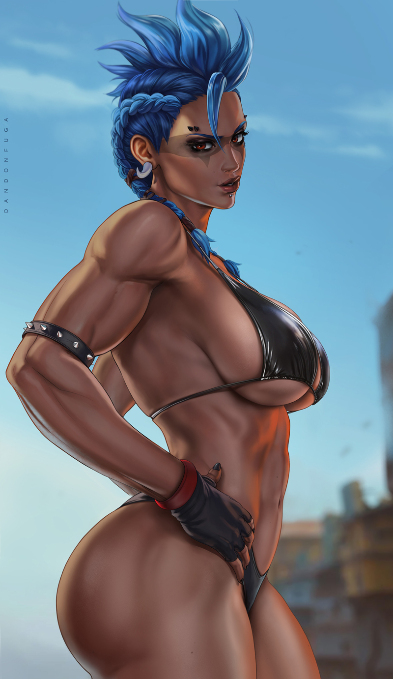 1girls 2d ass big_ass big_breasts bikini black_nails blizzard_entertainment blue_hair breasts dandon_fuga dark-skinned_female earrings female female_focus female_only fingerless_gloves fit fit_female junker_queen large_breasts looking_at_viewer muscular muscular_female odessa_stone overwatch overwatch_2 piercing red_eyes solo solo_female solo_focus swimsuit thick_thighs toned toned_female torn_clothes torso